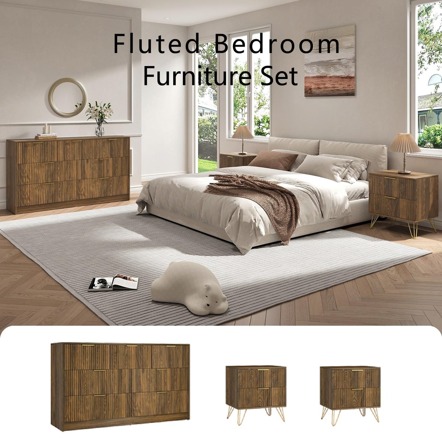 Sscaktu 7 Drawer Dresser and Nightstand Sets for Bedroom, 3 Pcs Bedroom Set，Night Stand Set of 2 & 7 Drawer Dresser with Gold Handles, Wood Chest of Drawers Mid Century Storage Cabinet Set, Natural