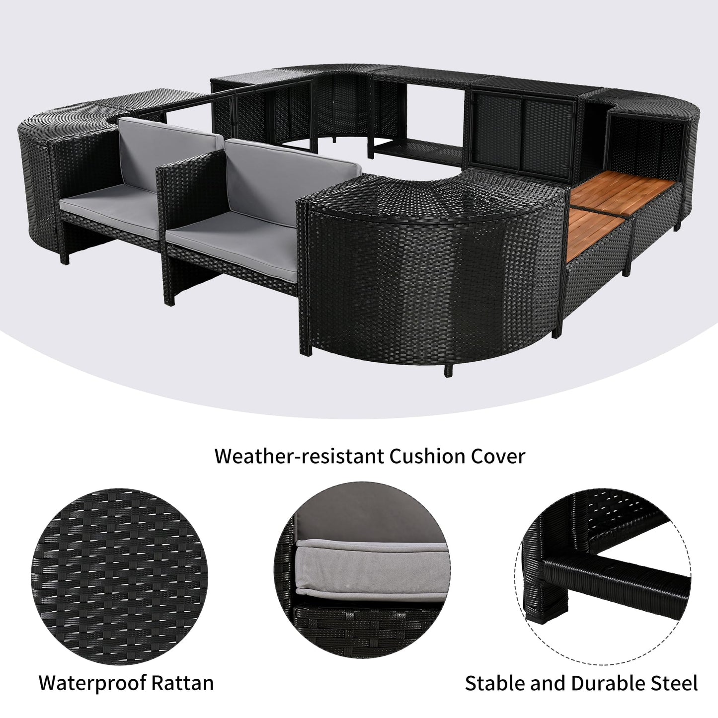 Merax Patio Furniture Set with Mini Sofa, Wooden Seats and Storage Spaces, Outdoor Conversation Sets for Patio, Lawn, Garden