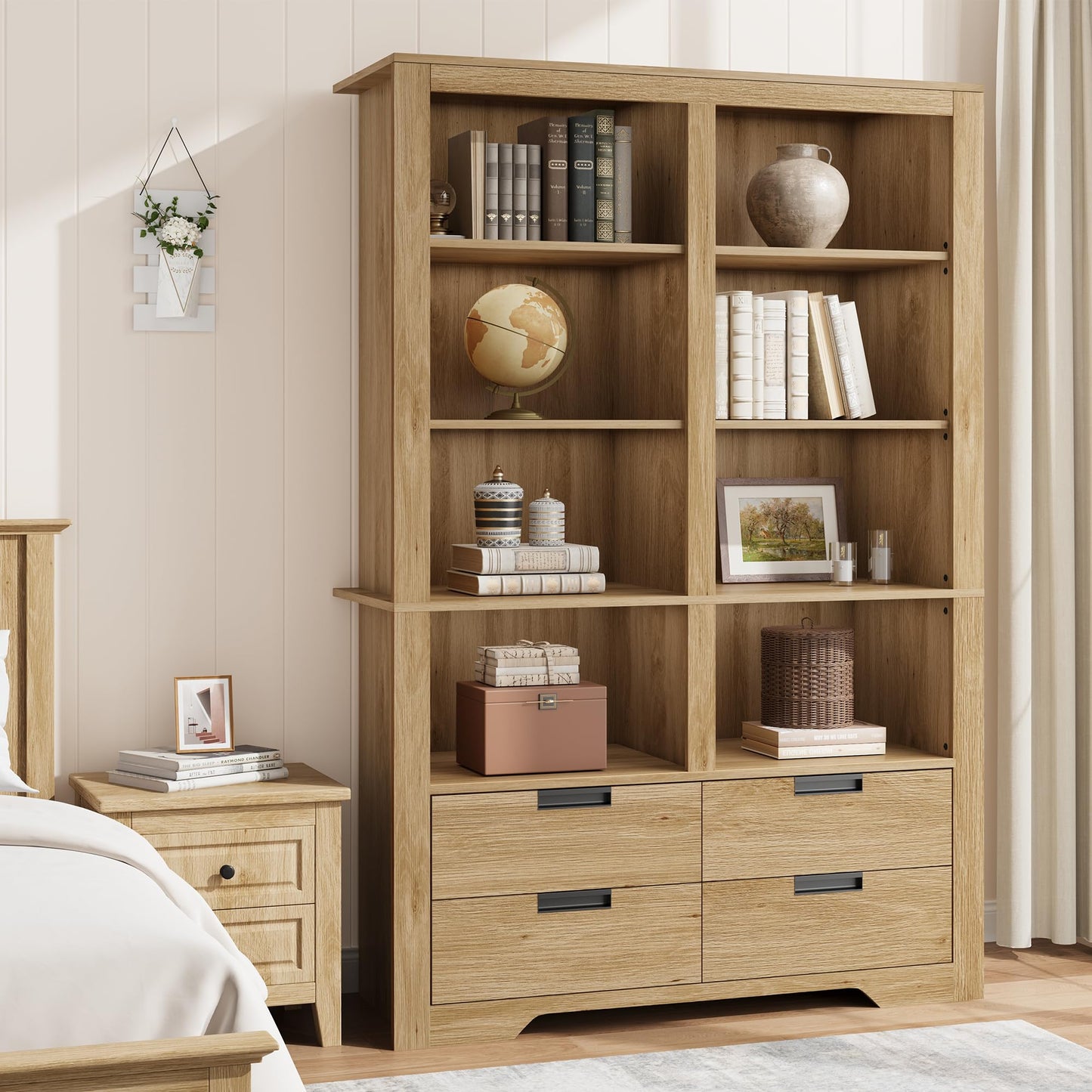72" Tall Bookshelf with 4 Drawers, Farmhouse 6-Tier Double Wide Bookshelves and Bookcases with Storage, Freestanding Bookshelf Large Open Book Shelf for Home Offices, and Living Rooms
