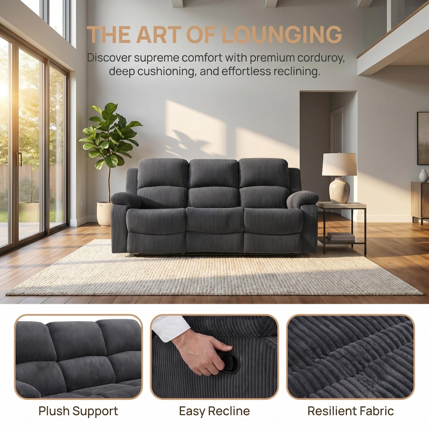 Trygoal Corduroy Power Recliner Sofa Set, Corduroy Recliner Couch Sets with Multi Angle Reclining, 3 Piece Sectional Sofa with USB Charging Port for Home Theater, Living Room, Office, Dark Gray