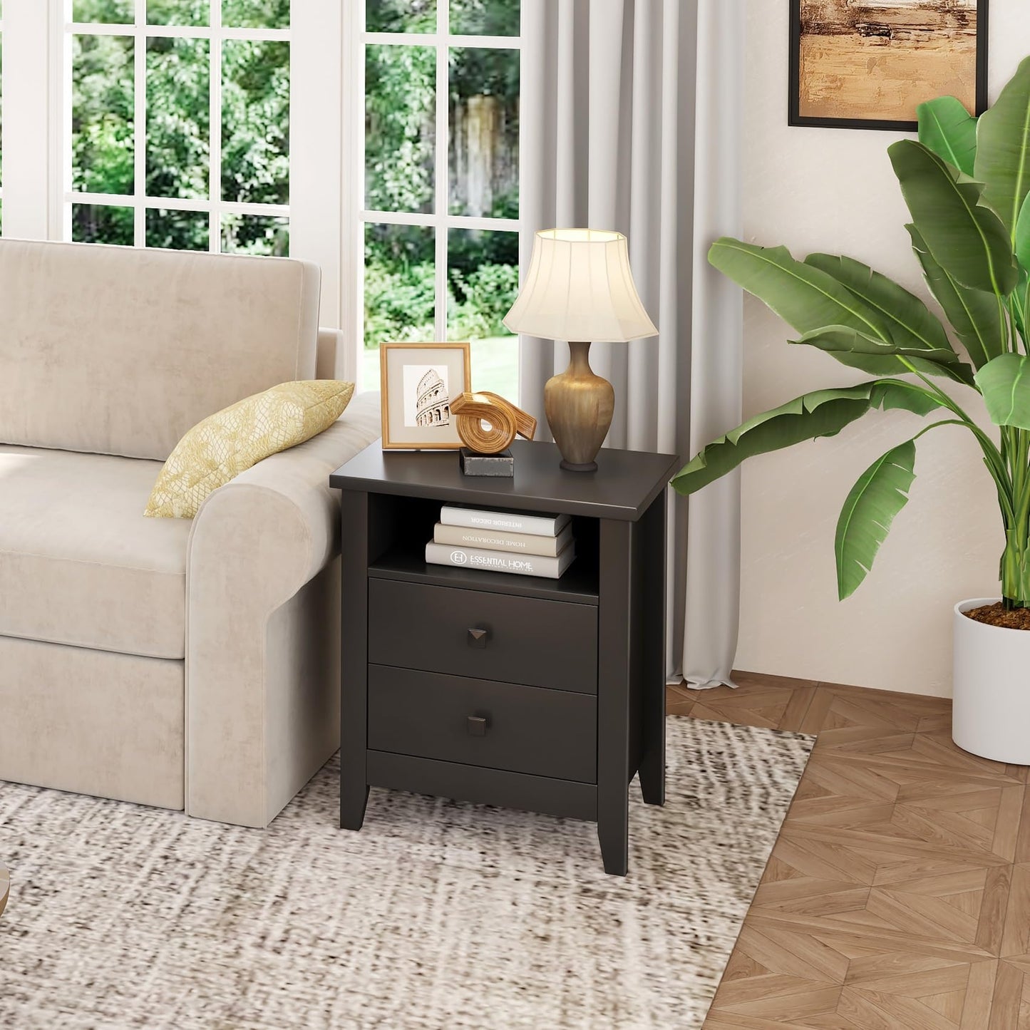 JSB Farmhouse Nightstand Set of 2, Night Stand with 2 Drawers,Open Shelf, End Table/Bed Side/Side Table for Bedroom, Kids Room, Living Room (Black, 18.7" W x 15" D x 23.8" H (2 Drawers))