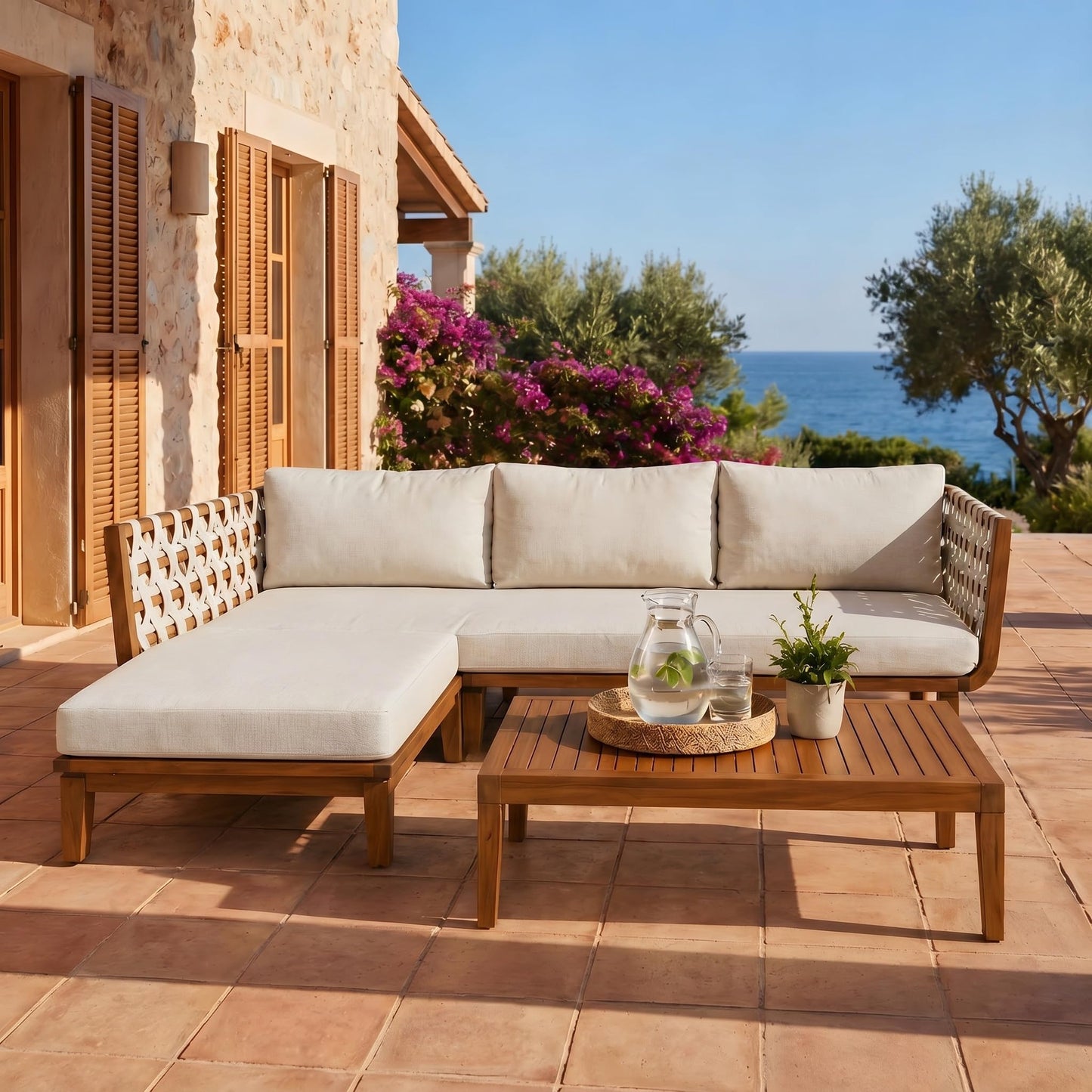 Merax 3 Piece Outdoor Patio Furniture Set,All-Weather Acacia Wood Sectional Sofa with Ottoman,1 Coffee Table for Porch, Lawn, Backyard, Balcon,Beige Rope & Water-Repellent Fabric Cushions,Teak+ Beige