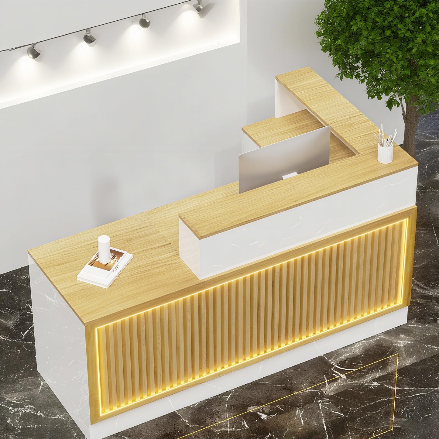 L-Shaped Reception Desk with Counter, 63" Solid Wood Modern Reception Counter with Lockable Drawers and Storage, Wood and White Front Desk for Checkout, Home Office, Beauty Salon (A-Lift, 63in)