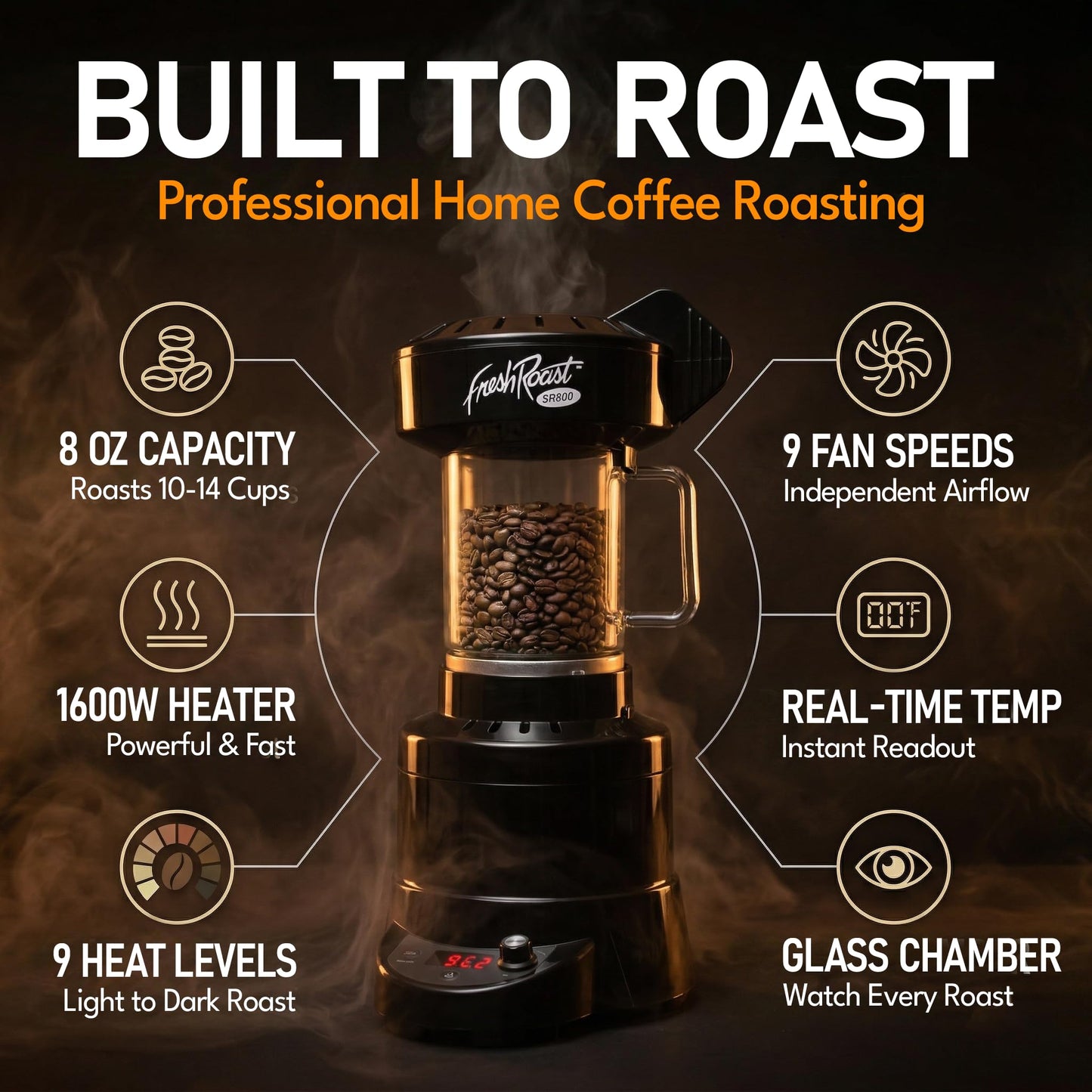 Fresh Roast SR800 Coffee Roaster – Roast Coffee at Home – Variable Heat and Fan Control – Digital Display – Roasts 6–8 oz (170–226g) Per Batch – Easy to Use – Fast Roast Time