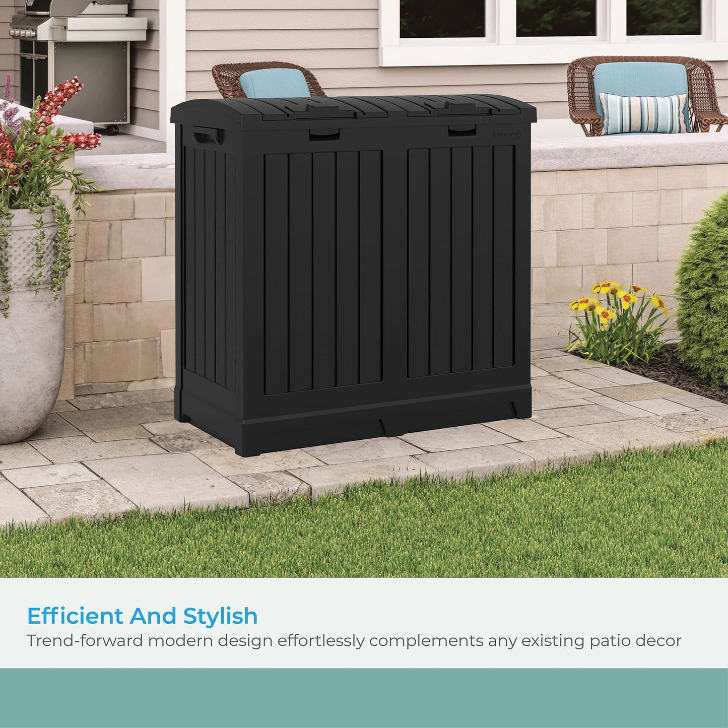 Suncast Dual Trash Hideaway Cabinet for Garbage and Recycle Bags, Discrete Outdoor Trash Cabinet with Concealed Trash Bag Holders, Holds Two 33-Gal. Bags, Made in the USA