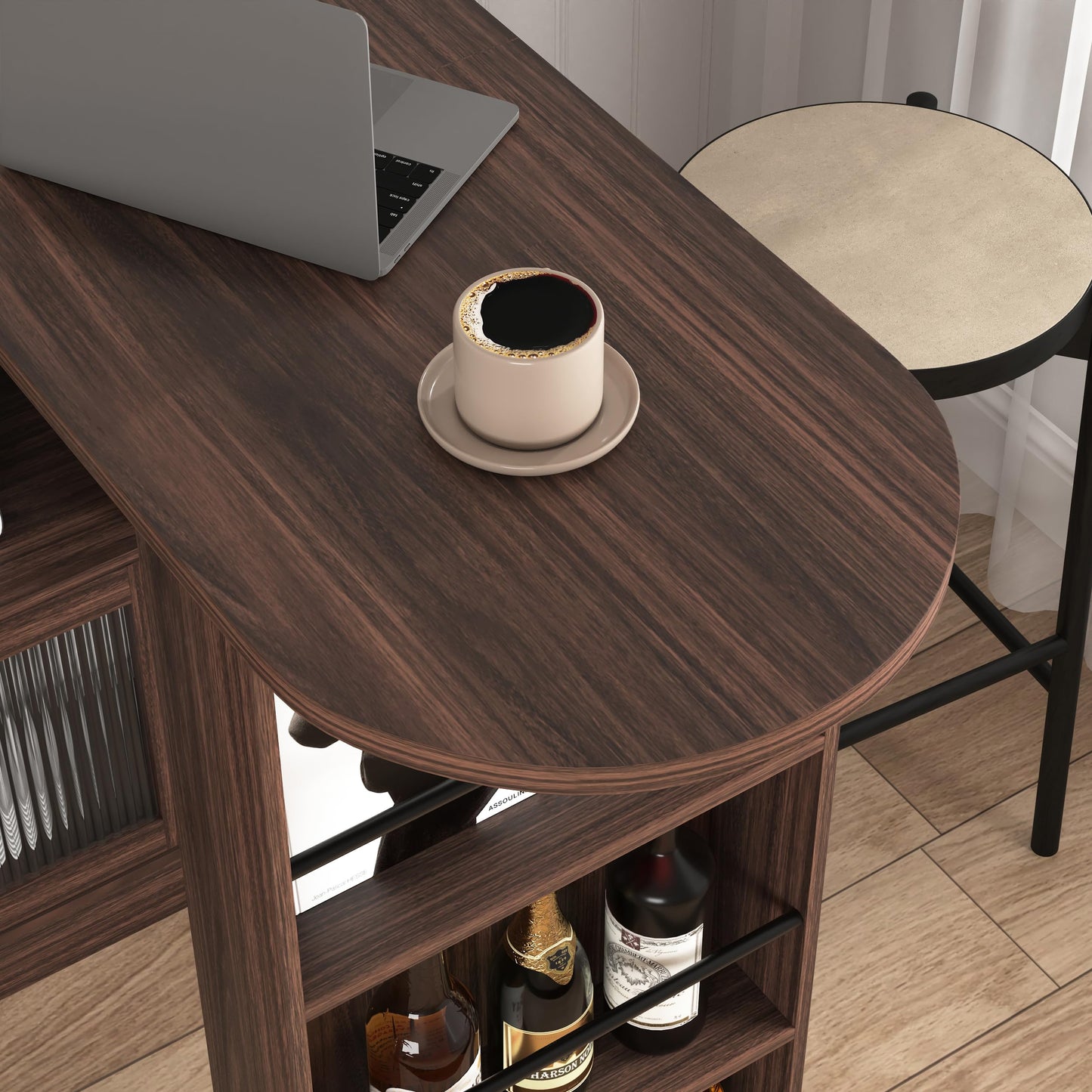 KEIKI 360° Rotating and Extendable Bar Table, Modern Bar Cabinet with Rotating Top, Storage Space, Ribbed Glass Doors, Counter Height Dining Cabinet for Apartment, Dining Room, Living Room, Walnut