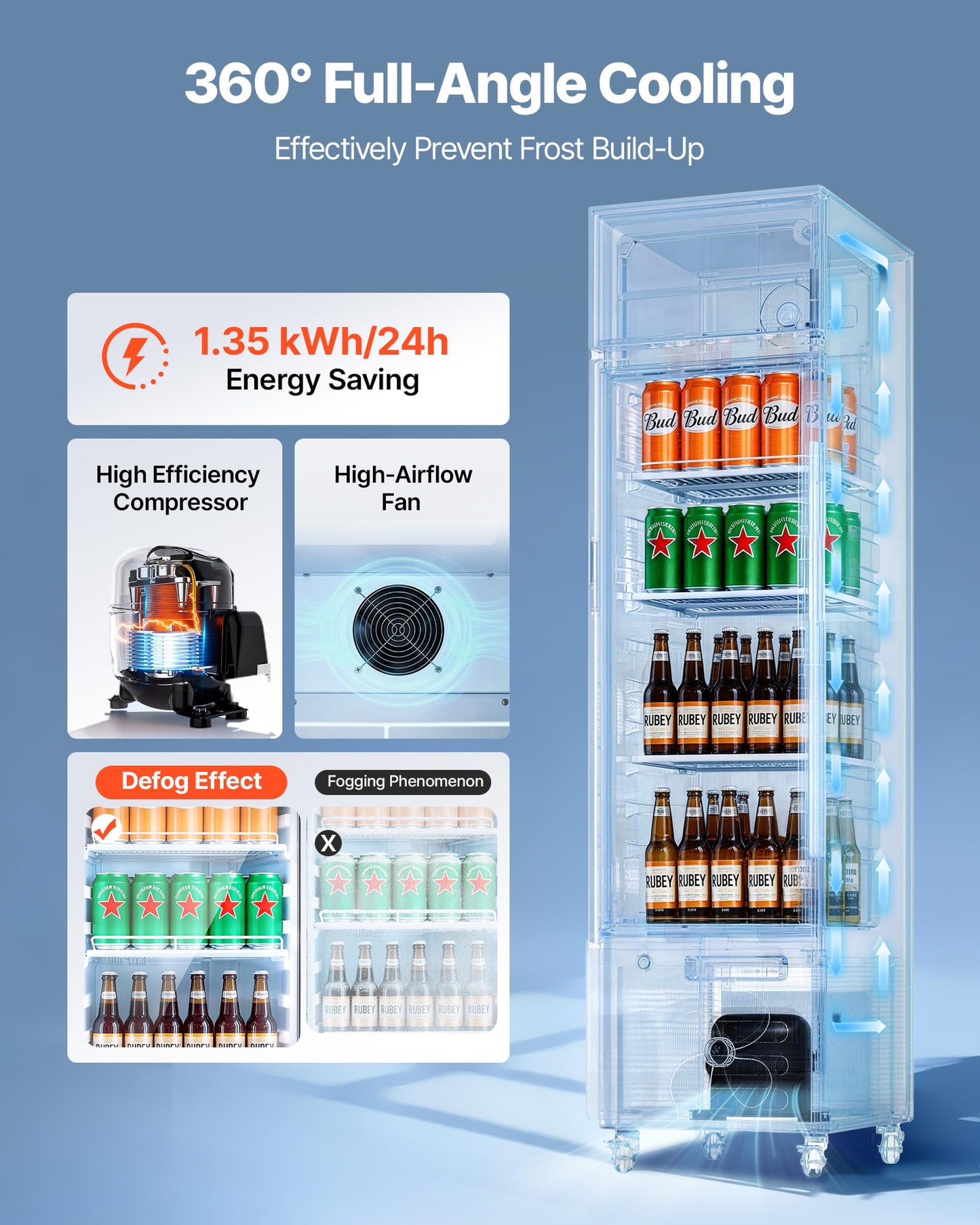 VEVOR Commercial Merchandiser Refrigerator, 6.1 Cu.Ft / 173 L Glass Door Display Refrigerator, Upright Beverage Cooler with Customizable Lightbox, 3 Adjustable Shelves & Soft LED Light for Homes Shops