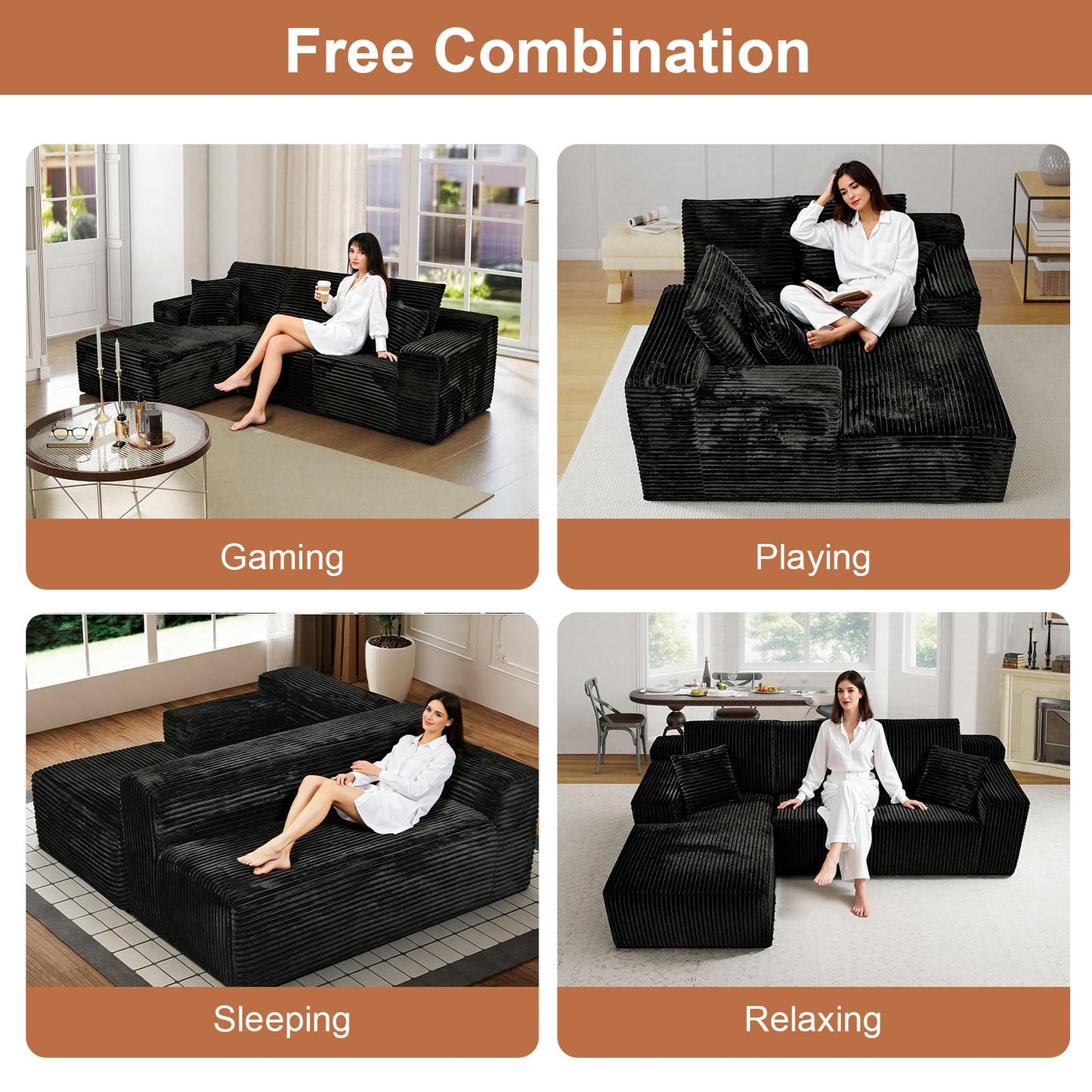 Rovibek 107.5" Couches for Living Room, Black Couch with Chaise, Modular Sectional Sofa with Throw Pillow & Deep Seat, No Assembly Required Compressed Sofa