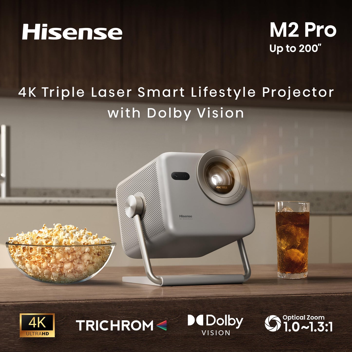Hisense M2 Pro, Triple Laser Smart Portable Lifestyle Projector, 4K UHD, 65” – 200”, 1,300 Lumens, Dolby Vision,Optical Zoom, Intelligent Screen Adjustments, Vidaa OS, Netflix Included