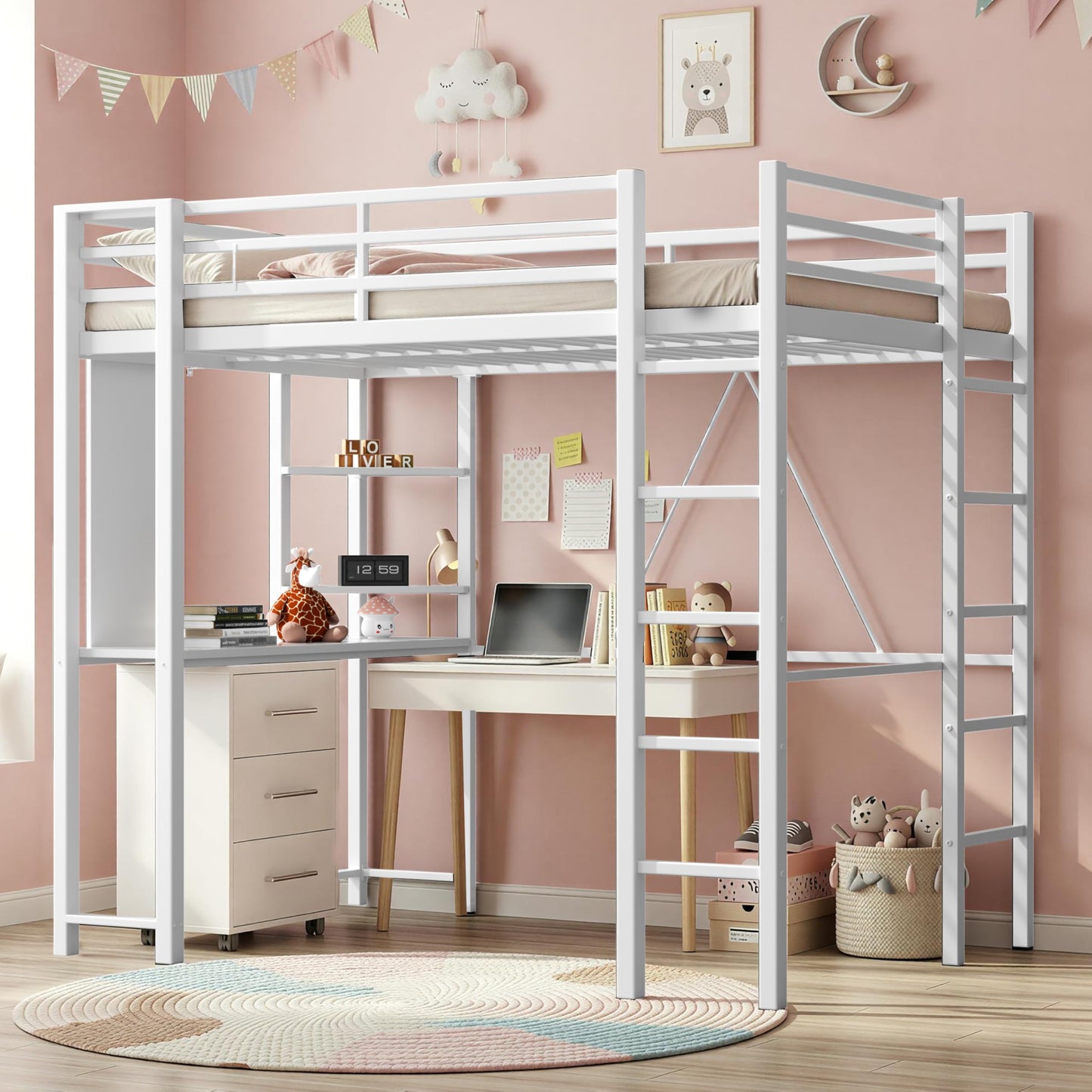 Nuturelly Loft Bed Full Size with Desk and Storage Shelves, Metal Bed Frame with with 2 Side Ladders for Teens & Adults, Space-Saving, Noise-Free, No Box Spring Needed, White