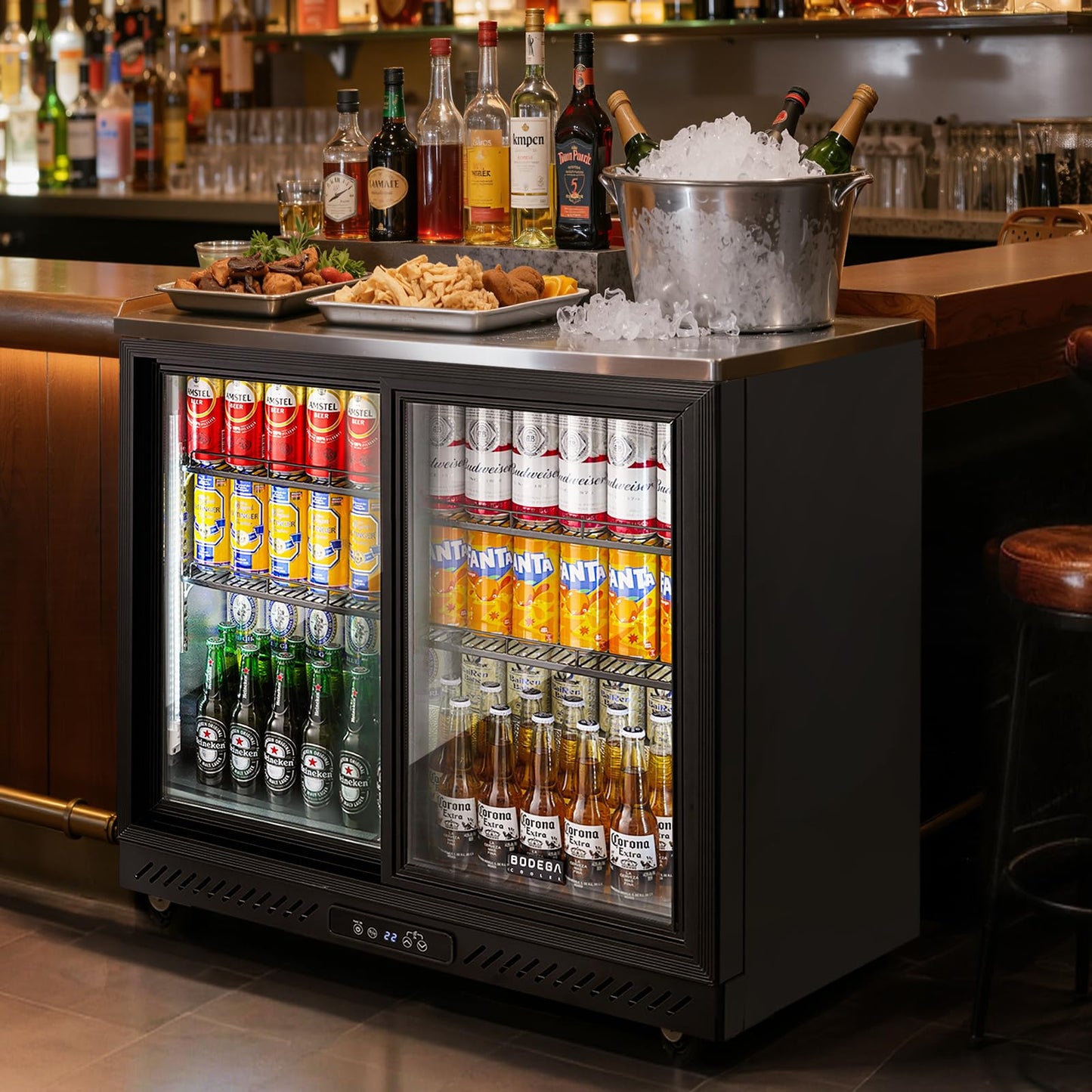 BODEGA BODEGACOOLER Back Bar Cooler,7.7 Cu.ft Commercial Beverage Refrigerator with 2 Sliding Glass Doors,Beverage Fridge with 4 Caster Perfect for Beer,Stainless Steel Top, Wine,Soda,DOE Approved