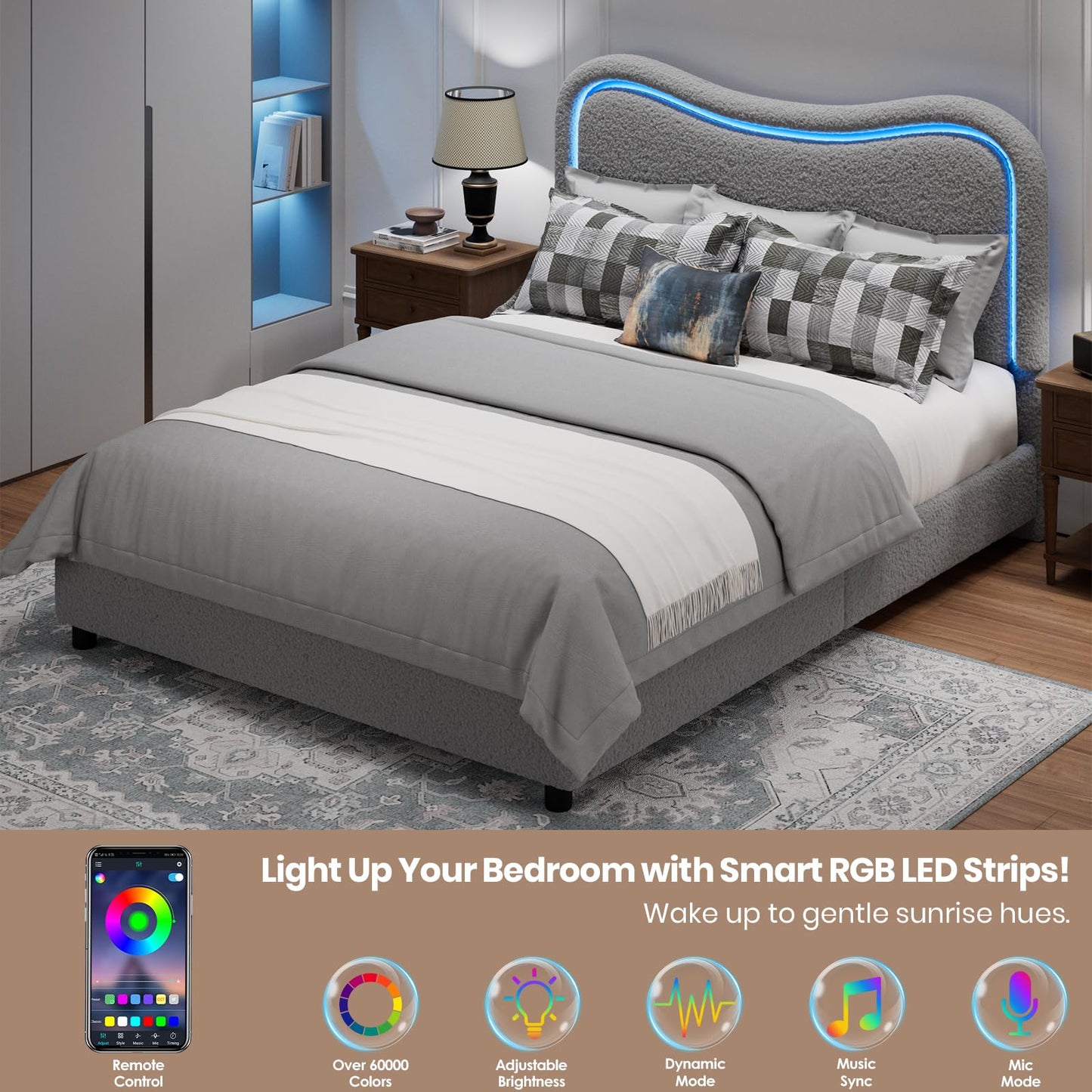 Garvee Boucle Queen Bed Frame with 2 Storage Drawers, Upholstered Platform Bed with LED Headboard, Solid Wood Slats Support, No Box Spring Needed for Kids, Teens, Grey