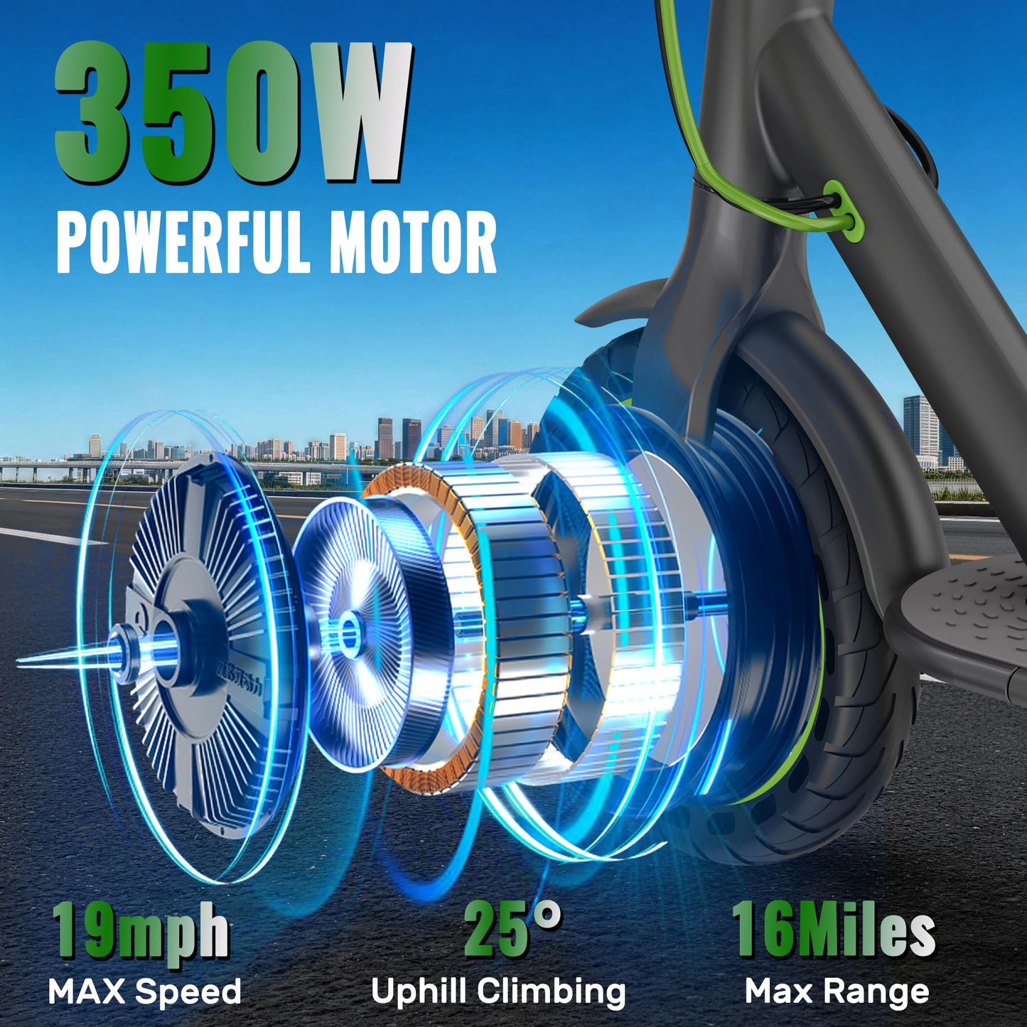 Roinside Electric Scooter for Adults - 8.5" Solid Tires, 350W Motor, Up to 19 MPH and 16 Miles Long-Range Commuting Folding E-Scooter with Dual Braking System and Smart App