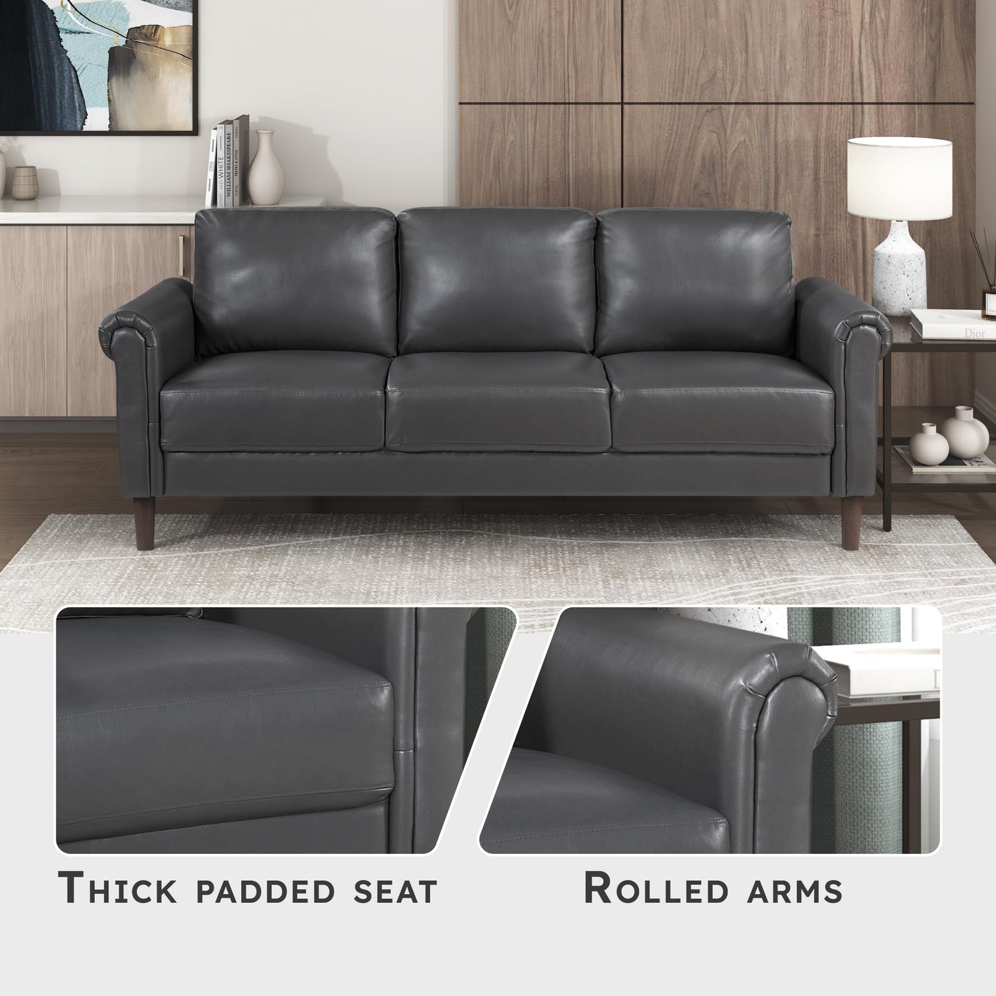 Lexicon 79" W Sofa Couch, Faux Leather Upholstered 3-Seater with Rolled Arms & Wood-Look Feet, Pocket Coil Support, Traditional Living Room, Office or Waiting Room Seating - Dark Gray