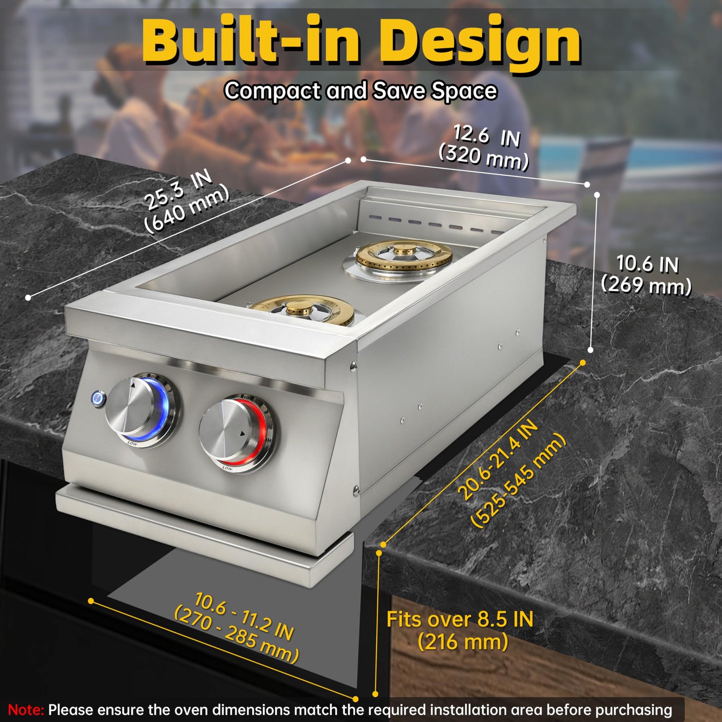 Double Side Burners for Outdoor Grill, Heavy-Duty 304 Stainless Steel, Built-in Side Burners with LED for Outdoor Kitchen BBQ Island, 2x17,000BTU Natural Gas Side Burner with Cast Brass Burner