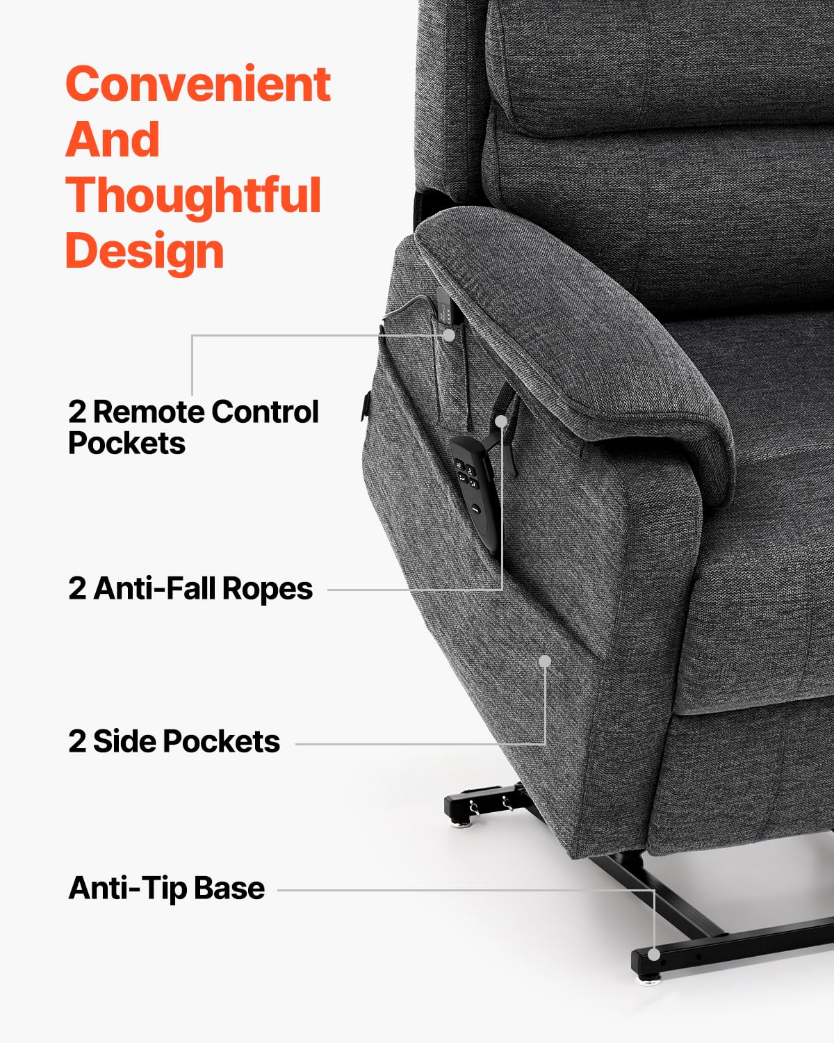 VEVOR Power Lift Recliner Chair, Dual Motor Lift Chair with Heat and Massage for Elderly, Infinite Position Adjustment Electric Recliner with 2 Anti-Fall Ropes (Medium, Dark Gray)