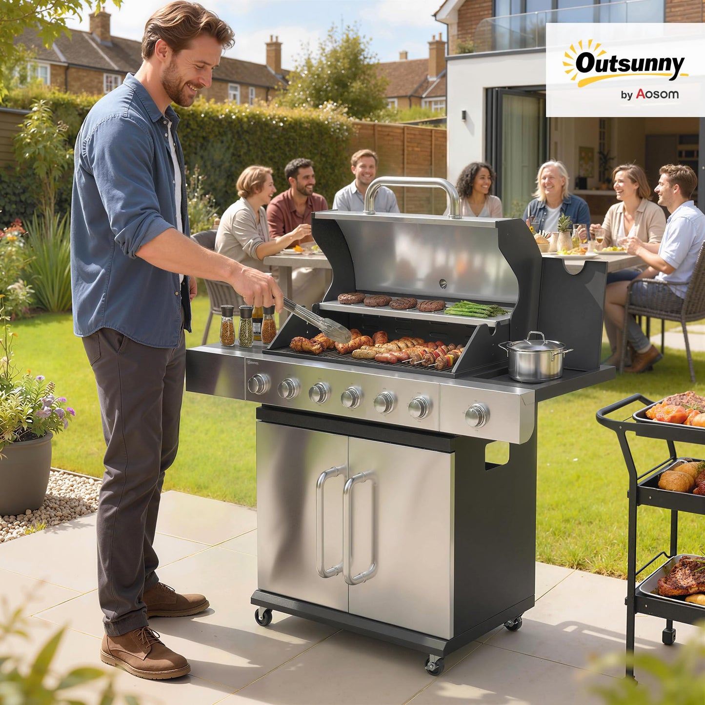 Outsunny 6 Burner Propane Gas Grill with Side Burner, 63,000 BTU Stainless Steel Barbecue Grill with Cast Iron Grates, Wheels, Warming Rack, Side Tables, Cabinet for Outdoor Kitchen, Backyard Barbecue