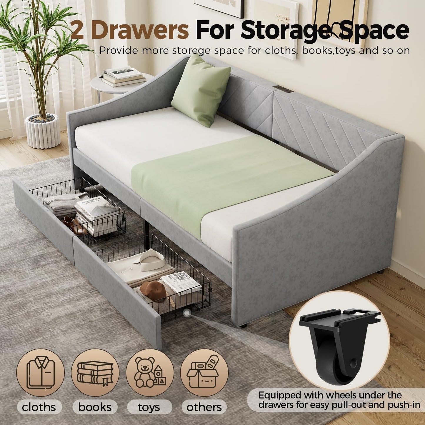 Mashomdec Twin Size Daybed with 2 Storage Drawers, Upholstered Daybed Frame with Charging Station, Heavy Duty Sofa Bed for Bedroom, Living Room, No Box Spring Needed,Easy Assembly