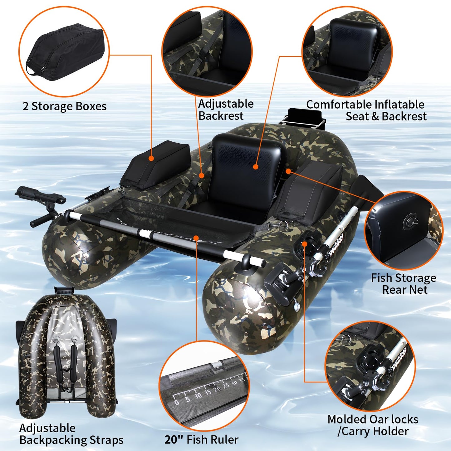 Xproutdoor Fishing Float Tube, Belly Boat Fishing with Pump, Fish Ruler, Adjustable Straps, Storage Pockets, 2 Oars, 2 Rod Holders, Motor Bracket Inflatable Float Tube for 330 LBS Load Capacity