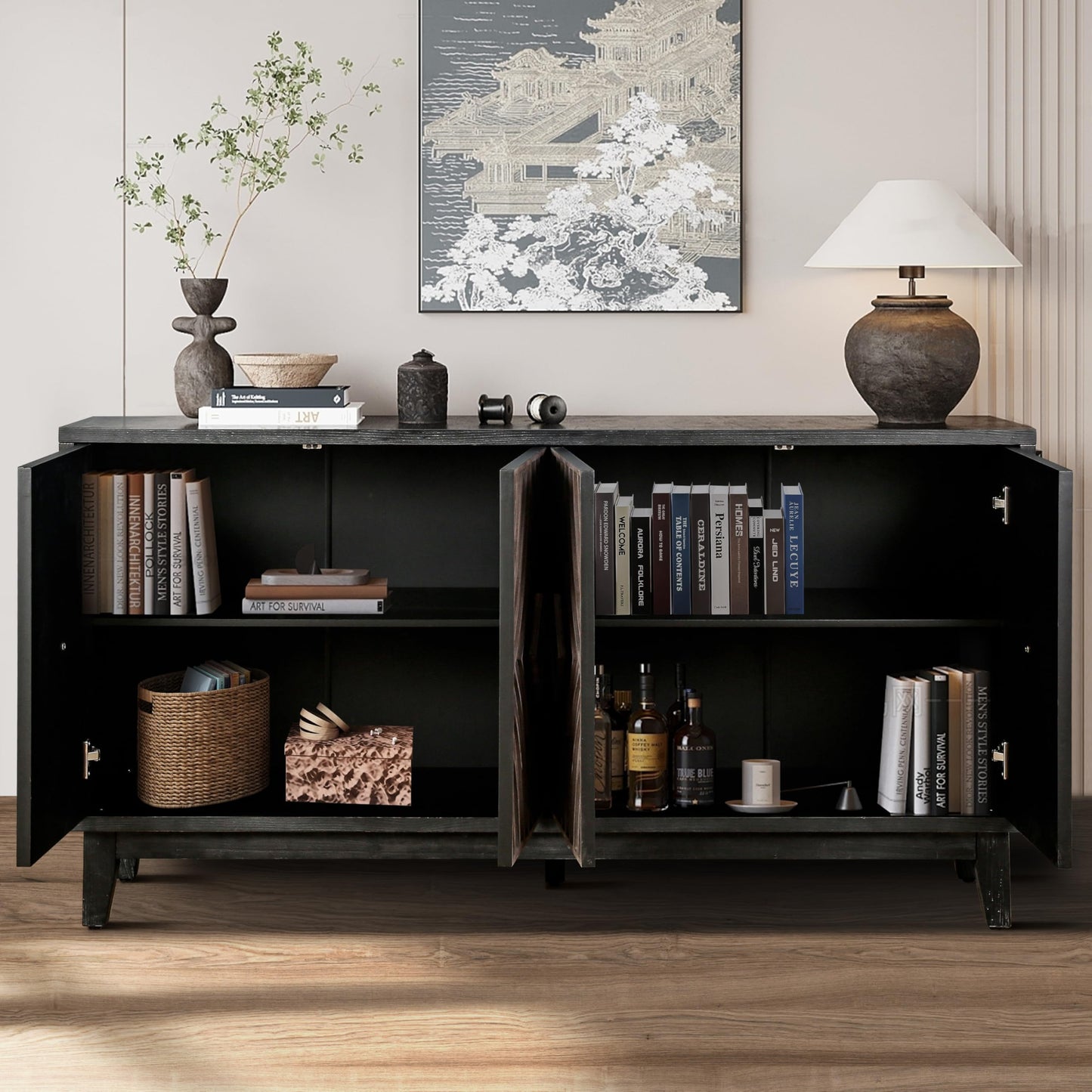 Noble House Home Furnishings Ruly Mid-Century Modern Sideboard Buffet Cabinet with Storage, Wooden Living Room TV Stand for TV up to 65 inch, Entryway Storage Cabinet with Adjustable Shelves, Black