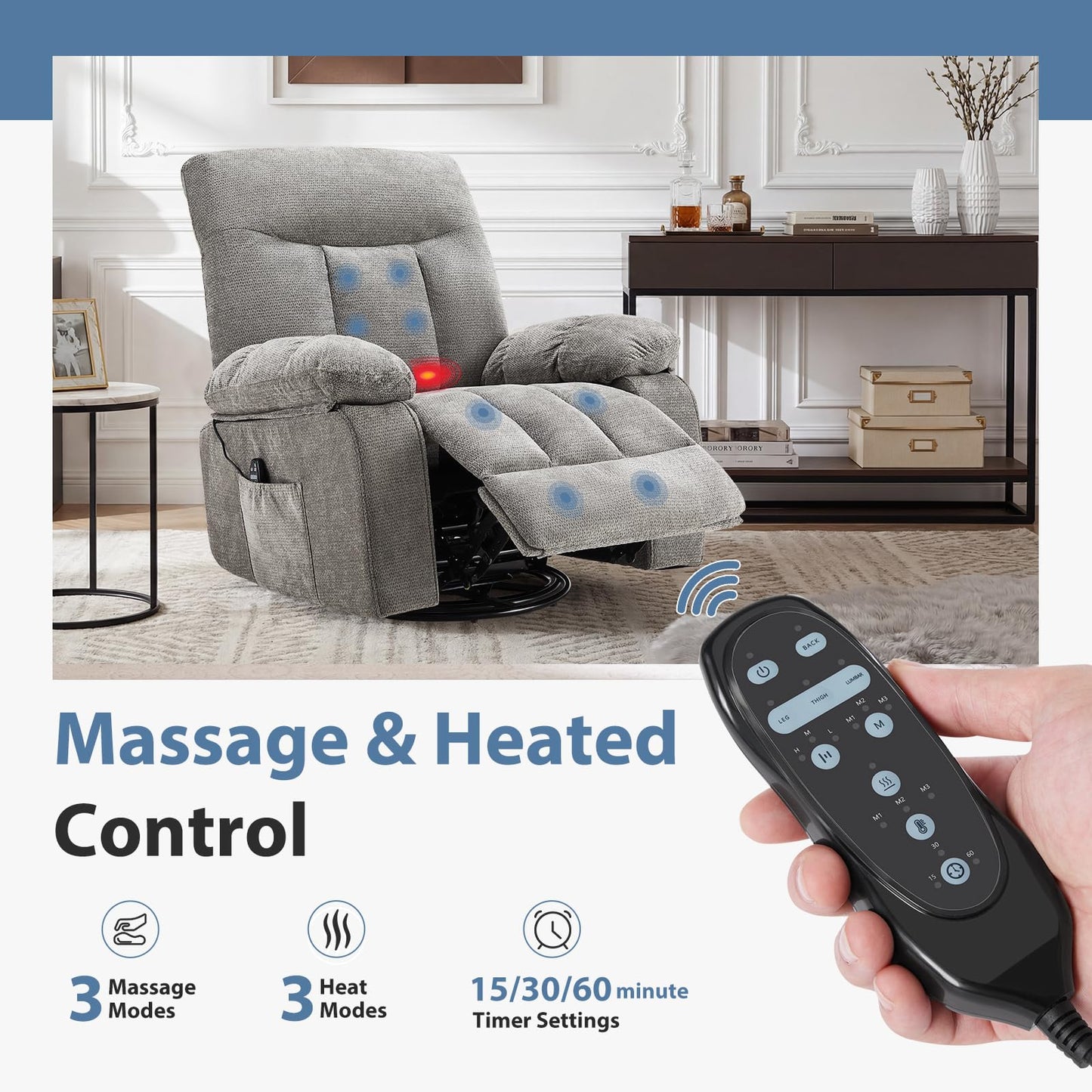 DUMOS Rocker Recliner Chair, Swivel Recliner with Vibration Massage & Lumbar Heating, 270° Rotating Chenille Fabric Recliner with footrest for Living Room & Bedroom, Grey
