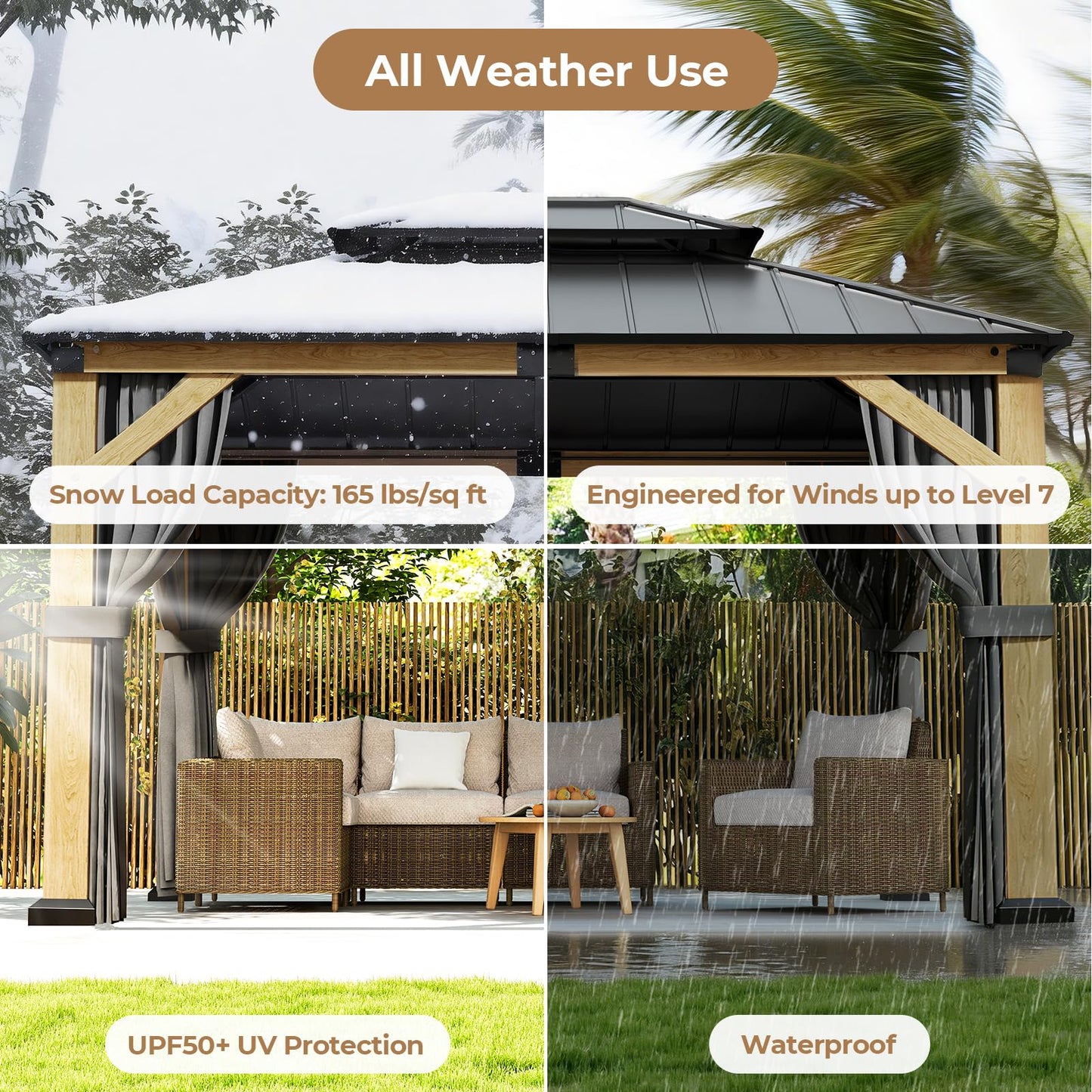 Jocoevol 10' X 12' Wood Gazebo Hardtop Outdoor Permanent Pavilion with Double Galvanized Steel Roof, Curtains and Netting, Snow Support, Wind Resistance, for Backyard Garden, Lawns, Patio
