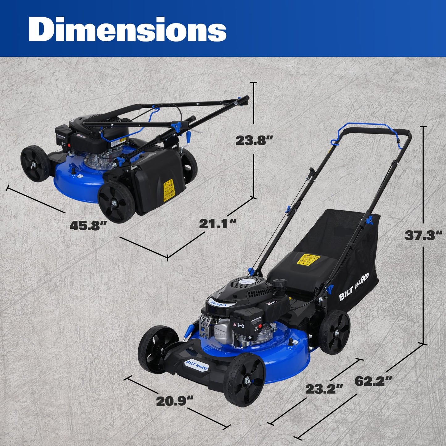 BILT HARD 21 Inch Lawn Mower Gas Powered, 4-Cycle 144cc Engine, 3-in-1 Push Lawnmower with Bagging, Mulching & Side Discharge, Adjustable 8-Positions Cutting Height, Easy Start
