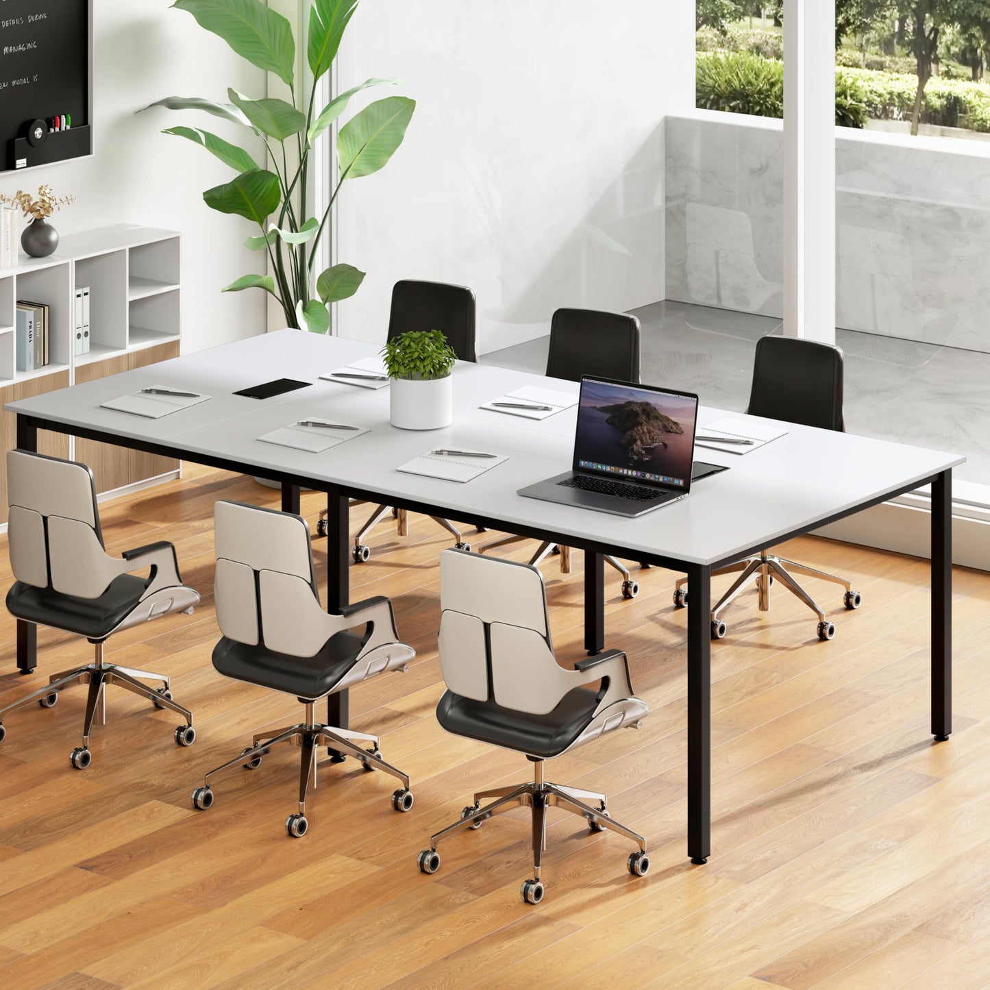 Nightcore Rectangle Conference Table for 10, 8 ft Large Seminar Table with 2 Cable Grommets, Modern Industrial Office Computer Desk with Metal Legs for Boardroom, Meeting Room, White