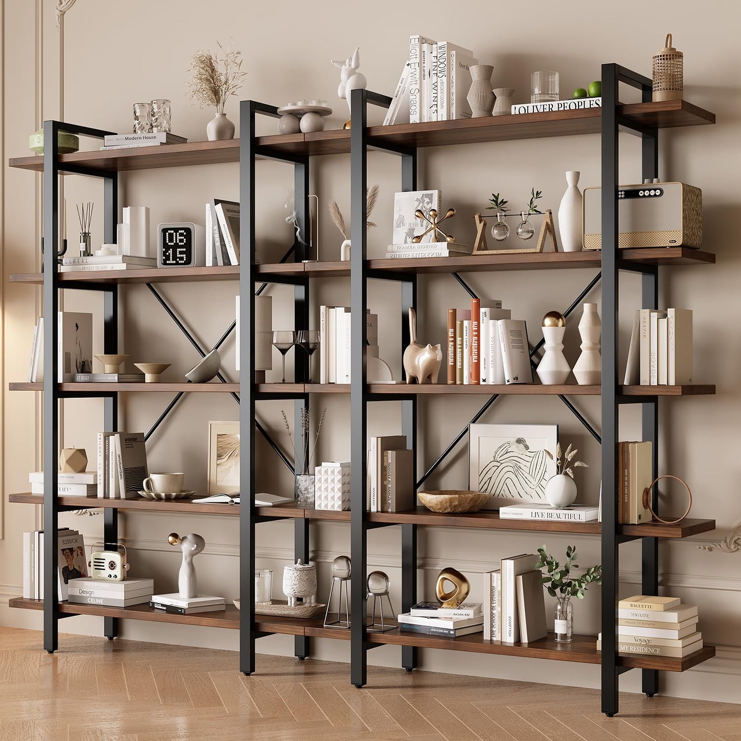 LZ-DONGMAN Bookshelf, Industrial Style Bookcase, Book Rack, Storage Rack Shelves in Living Room/Home/Office, Books Holder Organizer for Books/Movies (5-Tiers)