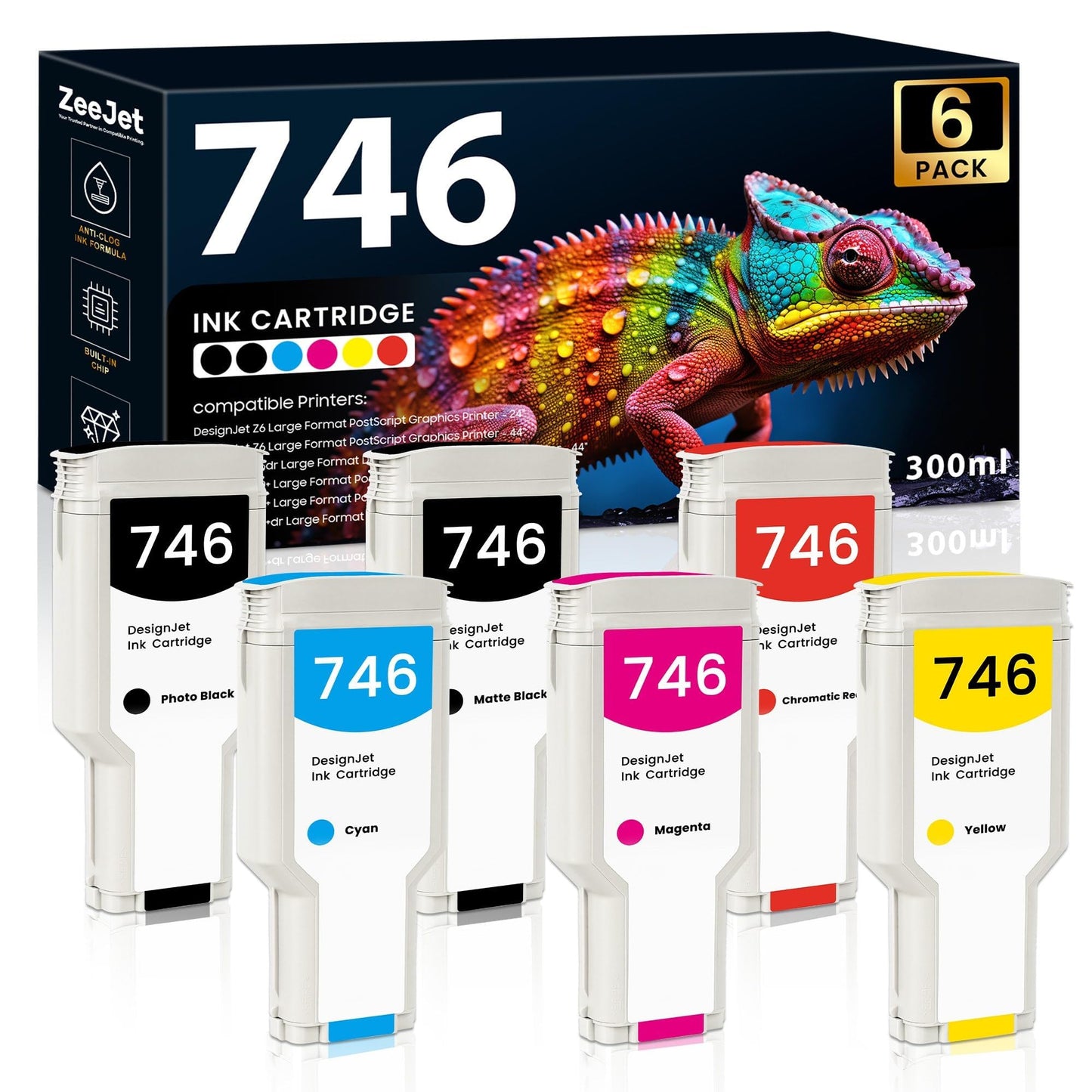 746 Ink Cartridges 300ml | Compatible for HP DesignJet Z6 Z9 Z9+ Large Format Printer Ink Cartridge 6-Pack P2V83A P2V82A P2V81A P2V80A P2V79A P2V78A | High Capacity DesignJet 746 Z6 Z9+ Printer Ink