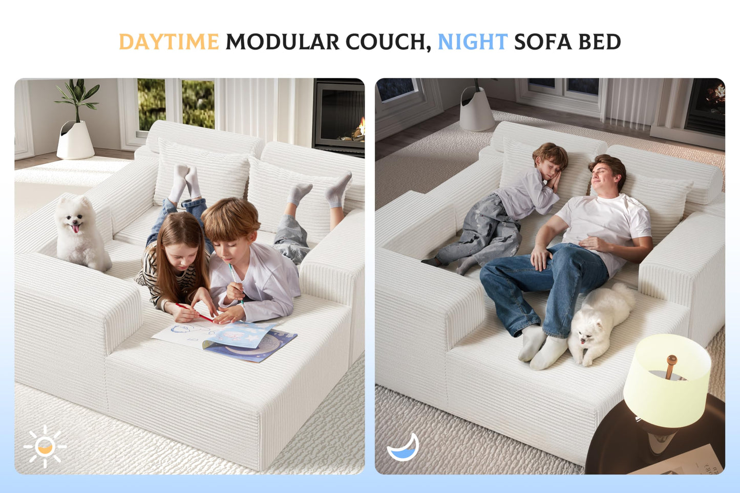 Homguava Modular Sectional Couches for Living Room,105" Cloud Couch with L-Shape Chaise,Comfy Sofa Living Room Sofas with Deep Seat,No Assembly L Couch,Corduroy Fabric(Beige,L)