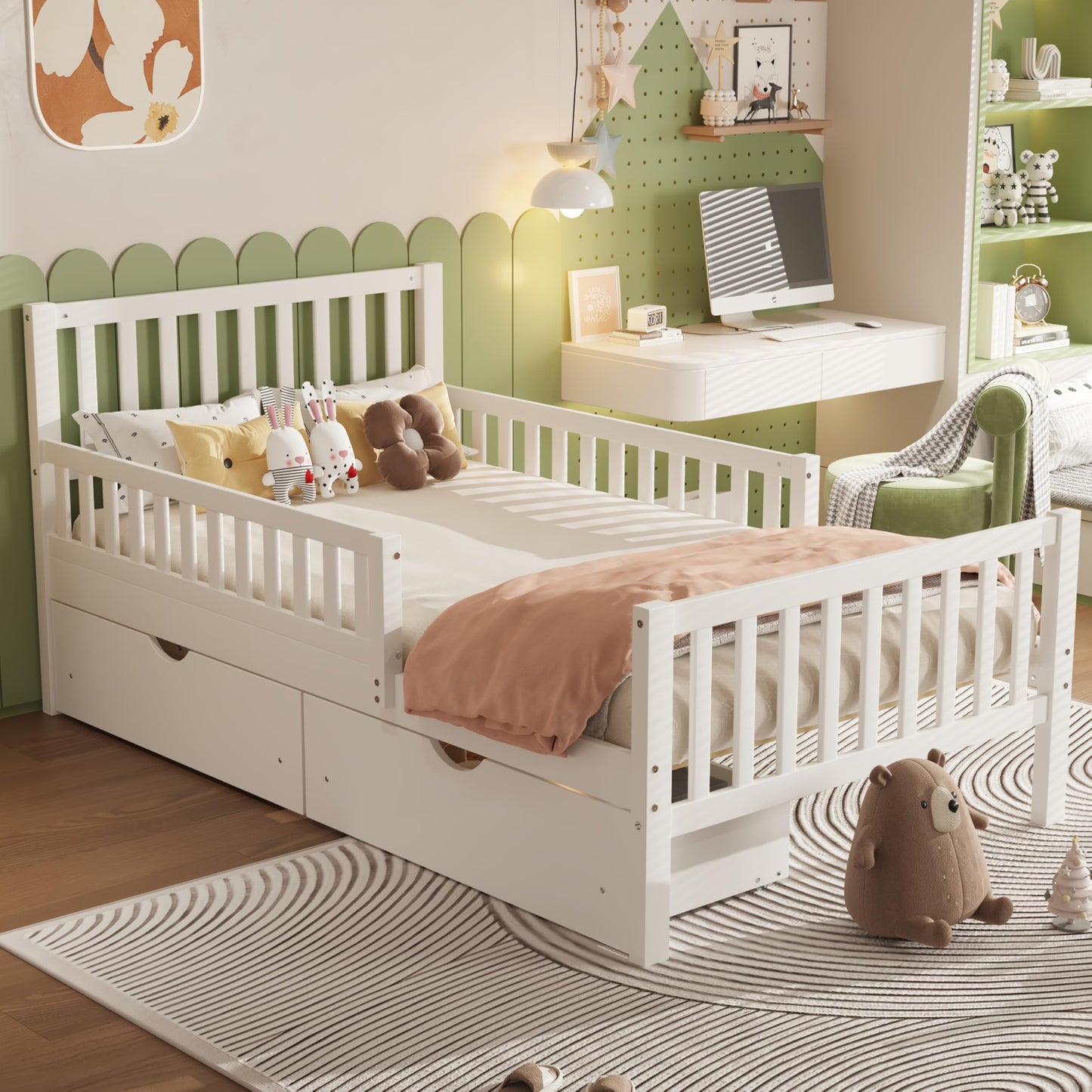 Bellemave Twin Size Kids Platform Bed with Fences and 2 Drawers, Wooden Twin Bed Frame with Guardrails on Both Sides for Boys Girls, White