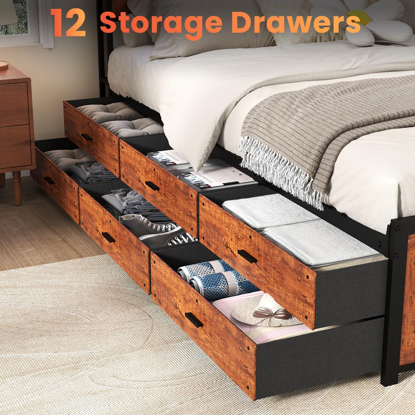 Kiivakii King Size Bed Frame with 12 Storage Drawers, LED Headboard with Charging Station, Metal Bed Frames, No Box Spring Needed, Noise Free, Stable and Solid, Red Brown