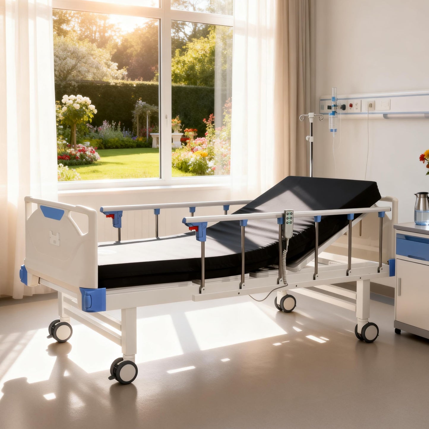 OLERN Full Electric Hospital Bed with Memory Mattress for Home Use-Back&Leg Adjustable-IV Pole Included-5" Casters, 550LBS Loading, Adjustable Medical Bed Frame