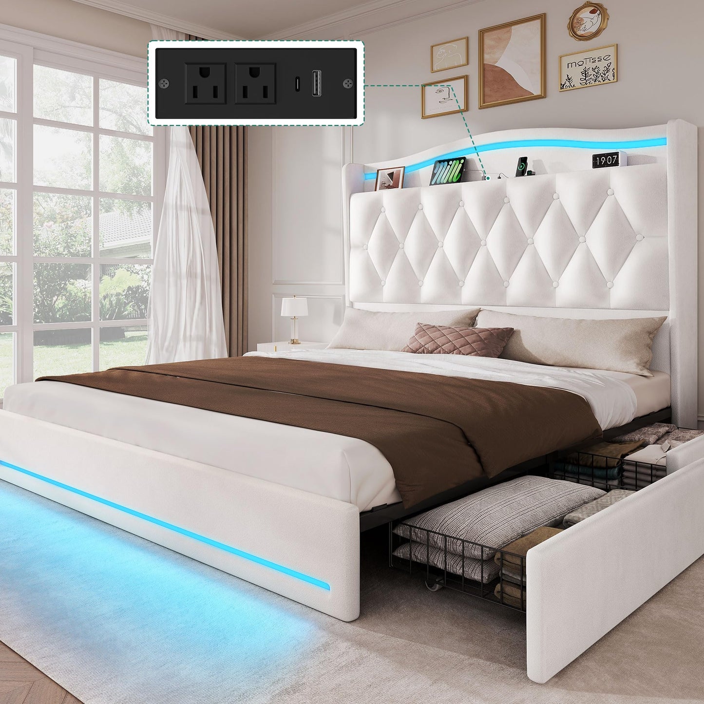 YITAHOME Queen Size Bed Frame with 4 Storage Drawers and RGB LED Lights, 57'' Tall Headboard Velvet Upholstered Bed with Charging Station, No Box Spring Needed, Easy Assembly, Noise-Free, White