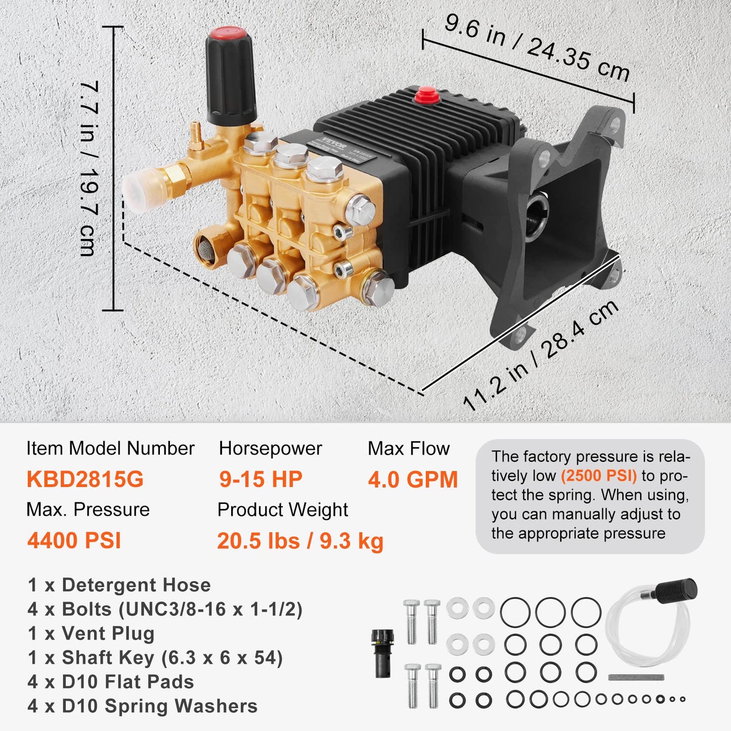 VEVOR Pressure Washer Pump, 4400 PSI, 4.0 GPM, 1" Shaft Horizontal Triplex Plunger, Replacement Power Washer Pumps Kit, Parts Washer Pump, Compatible with Simpson, Honda, Homelite, Troybilt etc.