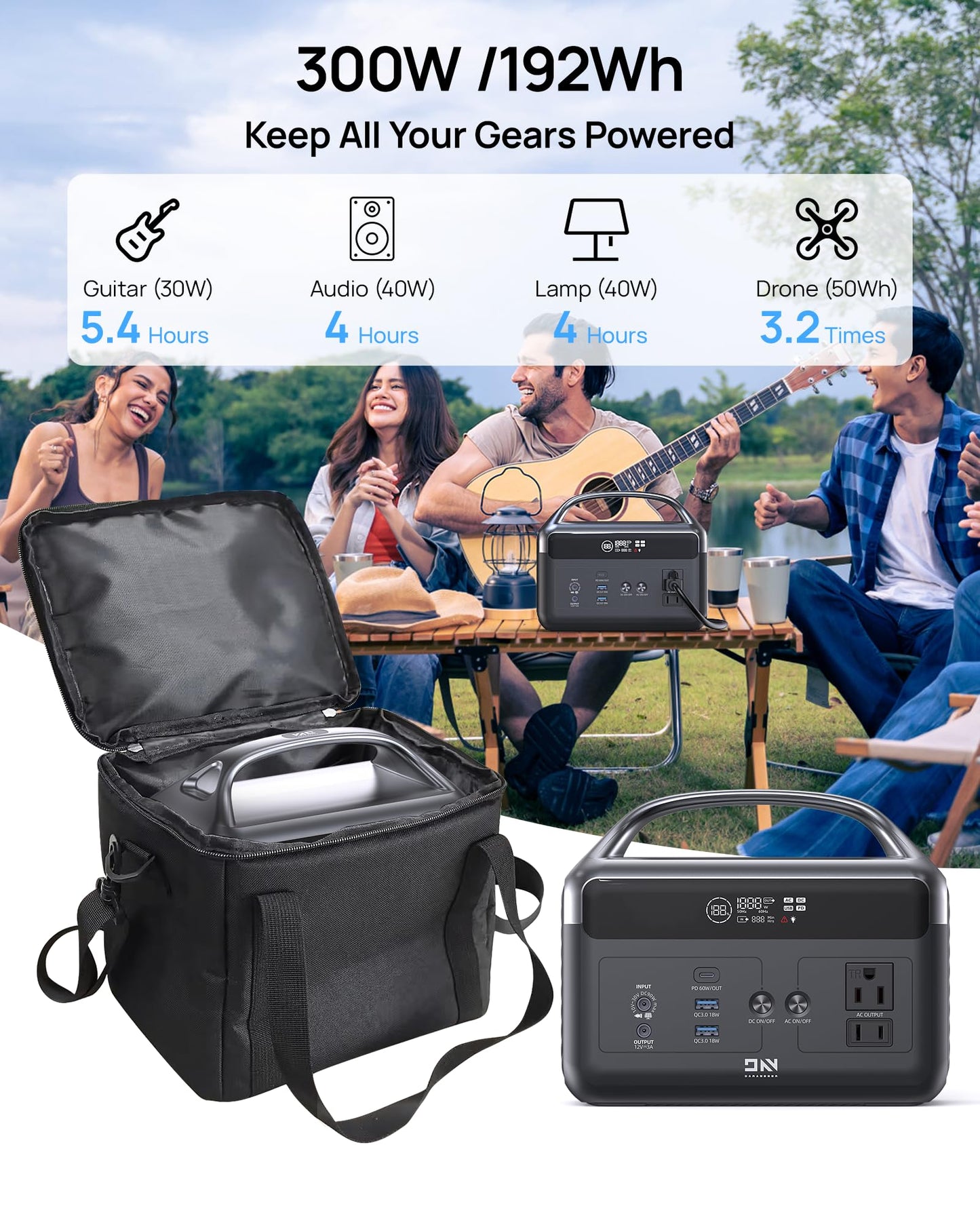 DaranEner Portable Power Station 192Wh LiFePO4 Battery, Solar Generator with Storage Bag, 2×AC 300W (600W Surge), USB-C 60W PD, Fast Recharge for Camping, RV, Outdoor, Emergency Backup