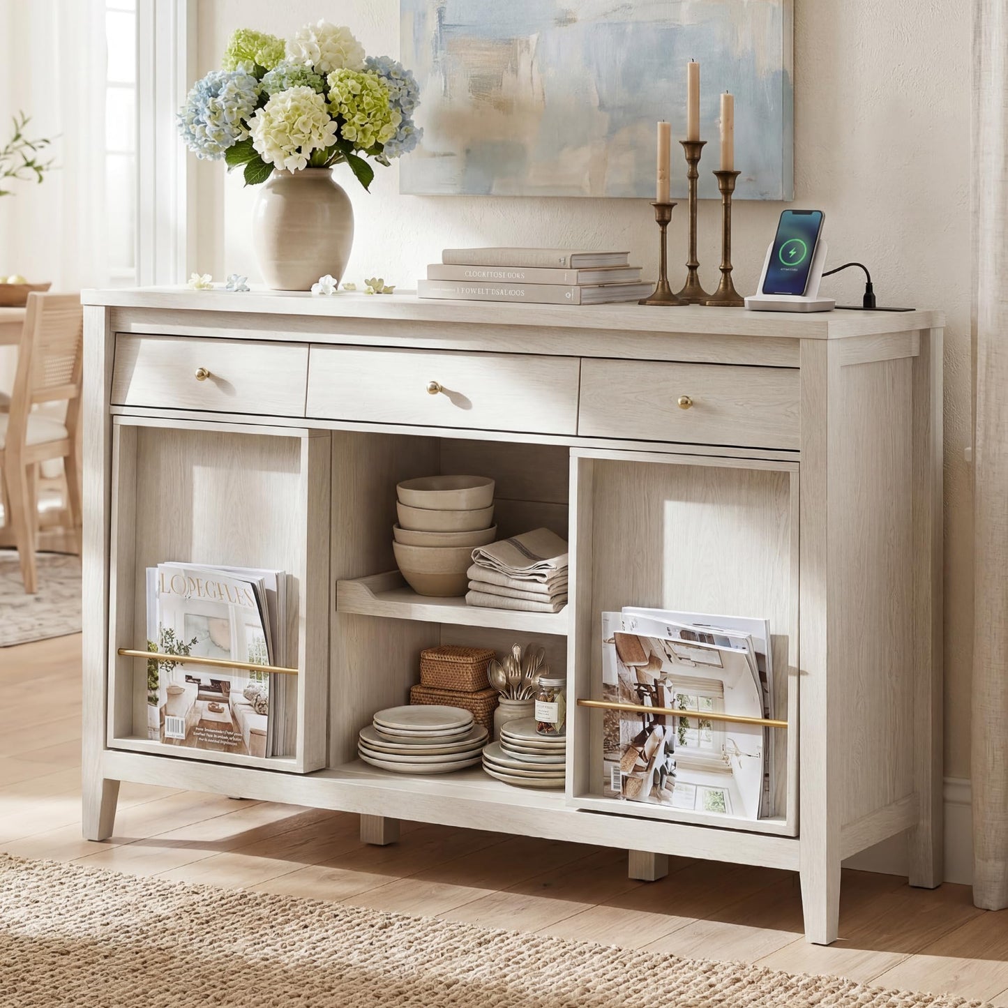 AMBERHAUS Buffet Cabinet with Storage, Modern Sideboard Cabinet with 3 Drawers, 2 Sliding Doors & Pull-Out Shelf, Coffee Bar Cabinet with Charging Station, White