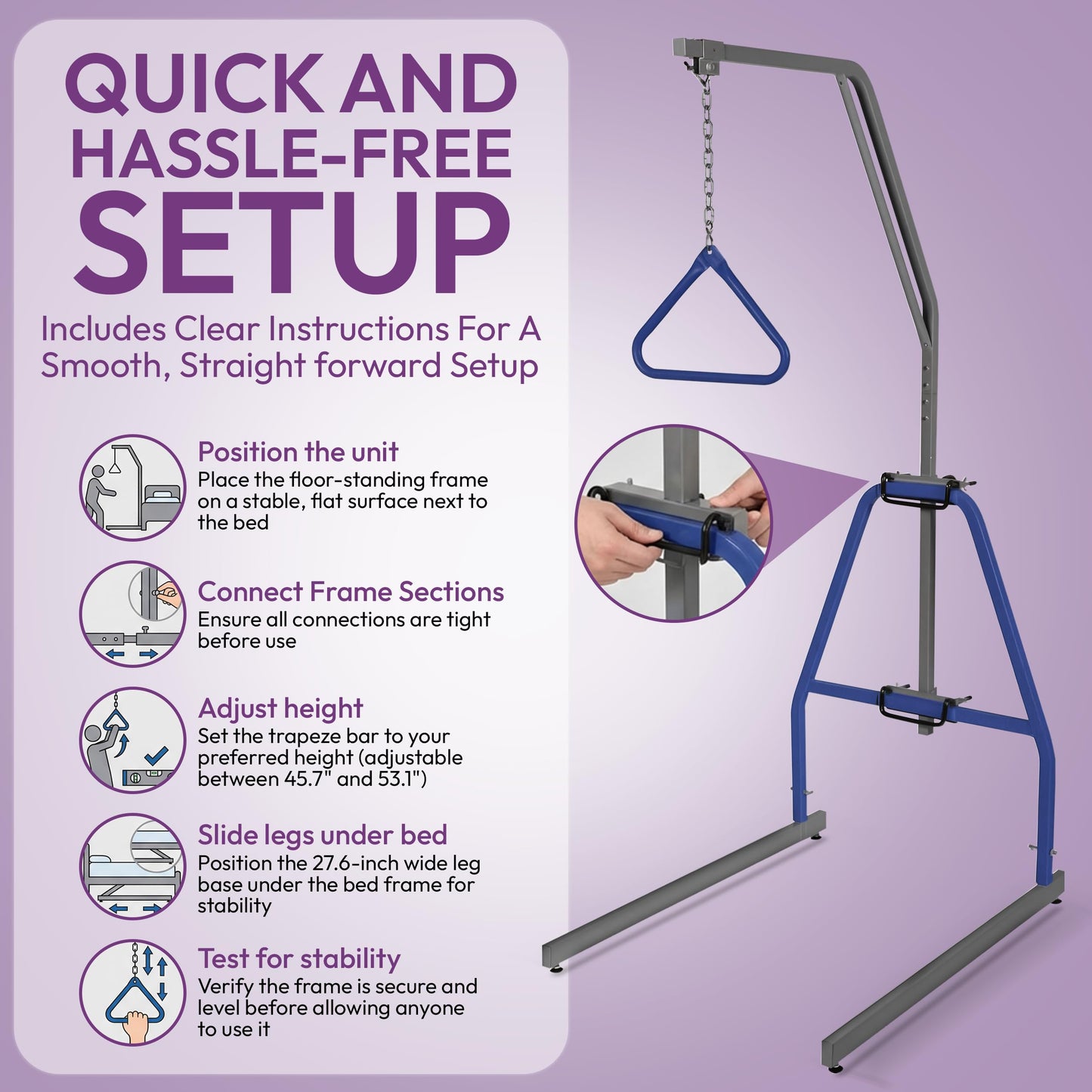 ProHeal Medical Trapeze Bar for Bed Mobility - Standard Trapeze Bar Set with 250 lb. Weight Capacity - Bed Pull Up Assist for Elderly and Bedridden Patients