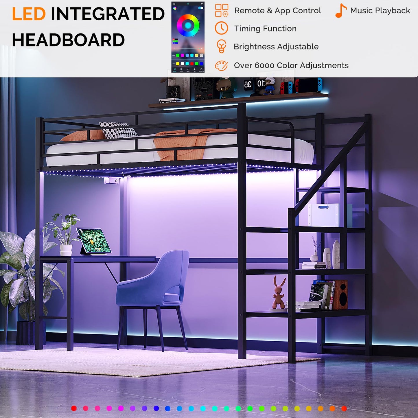 VINGLI Twin Loft Bed with Desk,15‘’ Extra High Safety Guardrail with 2 Charging Station,Heavy Duty Metal Loft Bed Frame with Staircase,LED Light, Kids/Teens/Adults,Black