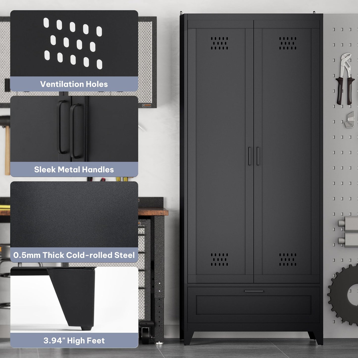 YITAHOME 71" Metal Garage Broom Cabinets with Adjustable Shelves, Vacuum Storage Cabinet with Doors and Drawer, Tool Storage Cabinet for Gym, Basement, Warehouse, Black