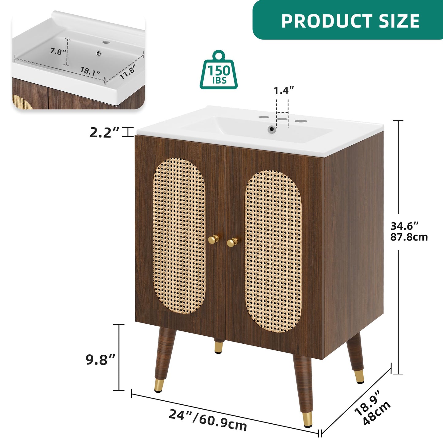 DWVO 24 Inch Rattan Vanity with Sink, Small Freestanding Bathroom Vanity Cabinet, Boho Style with 2 Large Soft-Closing Doors & Four-Sided Water Barrier Strip, Walnut