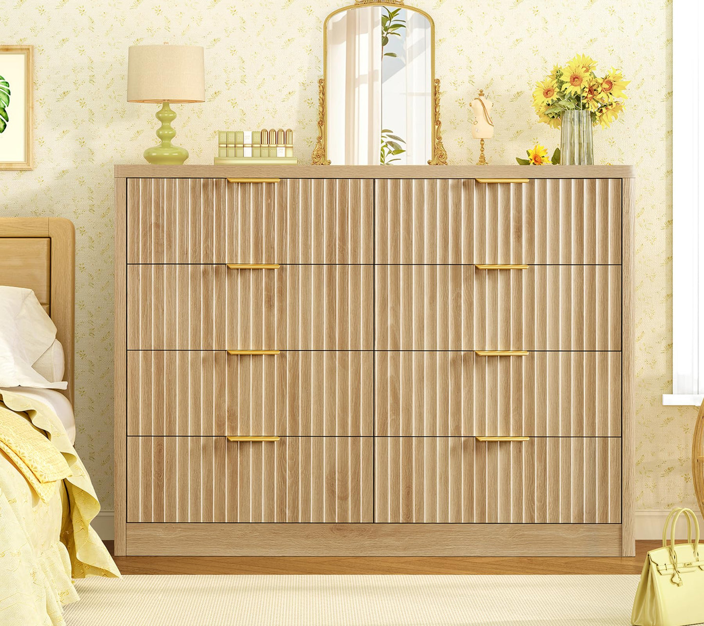TEENOFN Fluted Dresser for Bedroom with 8 Drawers, 47.2" Wide Modern Chest of Drawers with Metal Handle, Dresser TV Stand, Wood Closet Clothes Storage Organizer for Living Room, Hallway, Natural