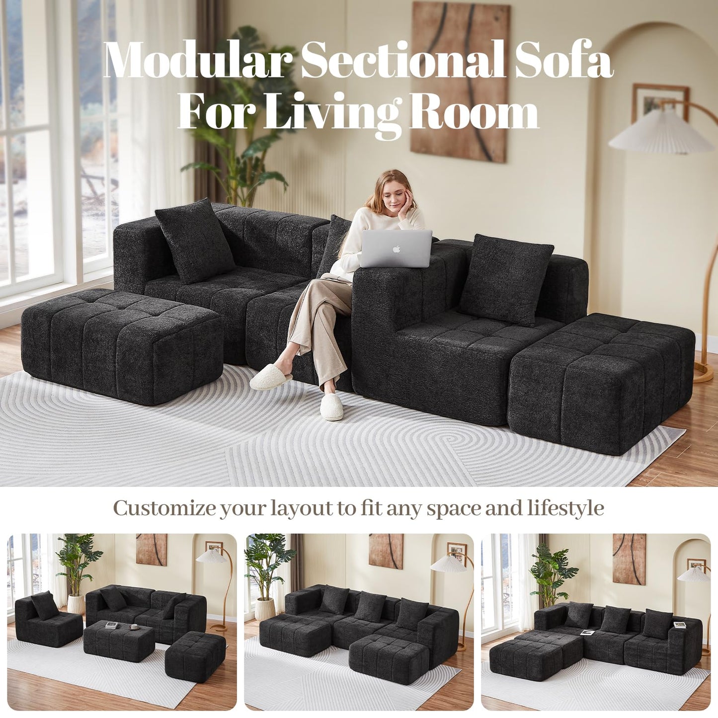 Housiney Modular Sectional Sofa with Deep Seat, 98'' 5 Seater Boneless Cloud Couch with Ottoman, No Assembly Required, Modern Plush Corduroy Cloud Couches for Living Room & Apartment, Black