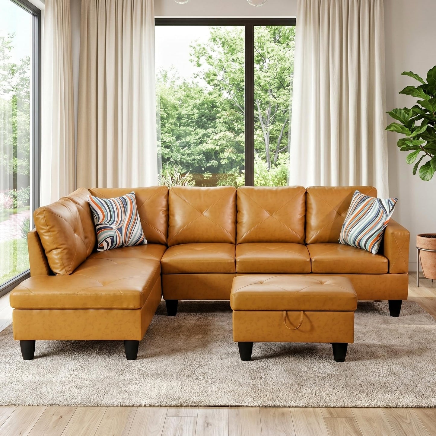 Topcomfy Leather L Shaped Sectional Couches for Living Room - 97.5“ x 66.5" Modular Sectional Sofa with Storage Ottoman, 4 Seat Home Sofa Living Room Furniture Sets with Chaise for Apartment, Ginger
