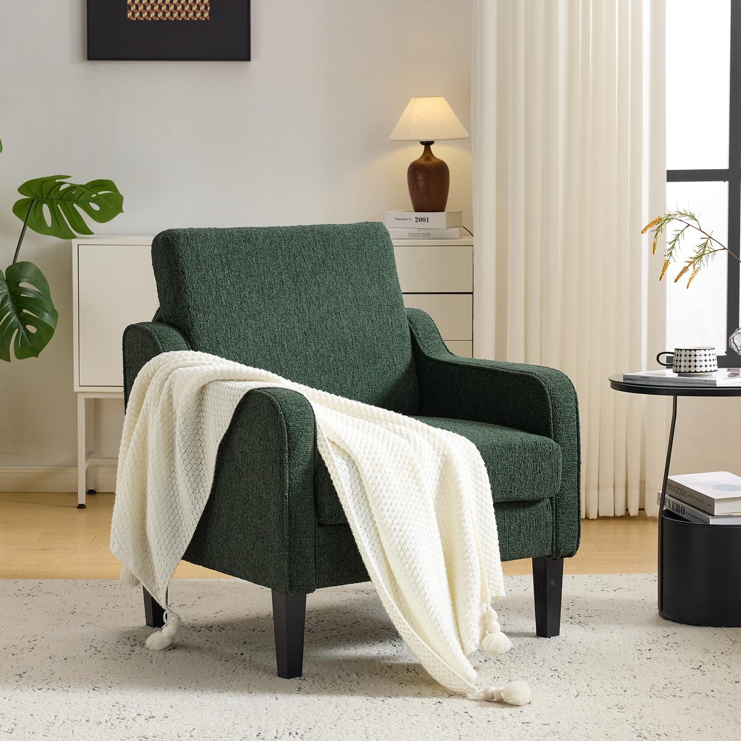 VINGLI Accent Chair for Living Room Chairs Reading Chair for Bedroom Chair Scooped Arm Chair Mid Century Modern Accent Chairs Upholstered Comfy Chair for Apartment, Waiting Room (1, Dark Green)