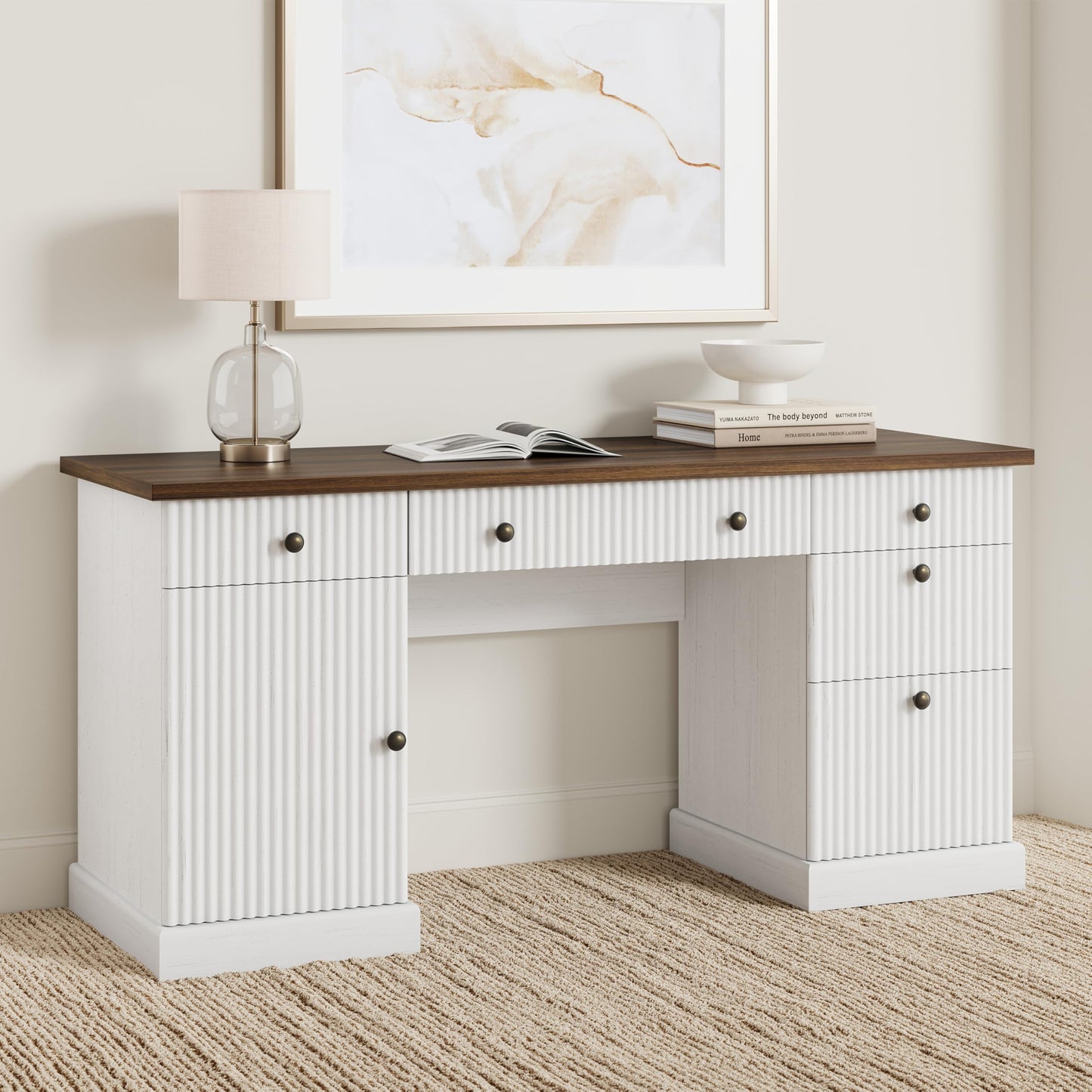Garvee 60" Office Desk with Storage Cabinet & Drawers. Fluted Wood Computer Desk with Power Outlet & Adjustable Shelves.Modern Executive Desk for Home Office/Bedroom/Gaming-White