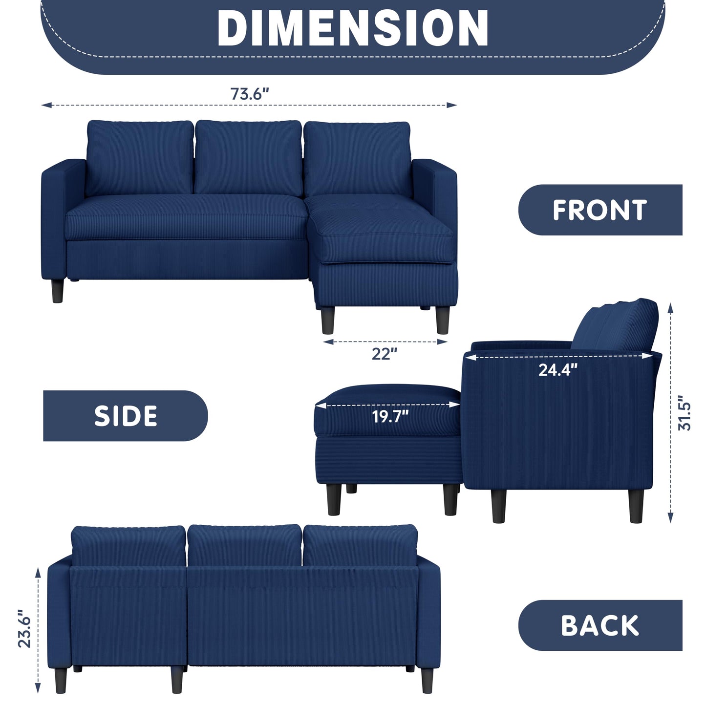Shintenchi L Shaped Sectional Sofa Couch,Convertible Modular Sofas with Movable Ottoman,3-Seat Upholstered Corduroy Couch,Small Couches for Living Room,Apartment,Office(Blue)