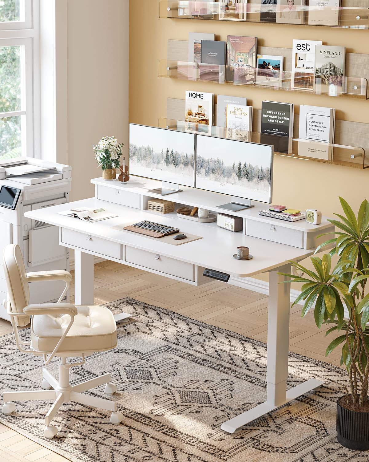 CubiCubi 60" x 30" Standing Desk with Drawers, Height Adjustable Electric Workstation, Computer Sit Stand Up Table with Large Storage Shelf 4 Drawers and 2 Hooks, White