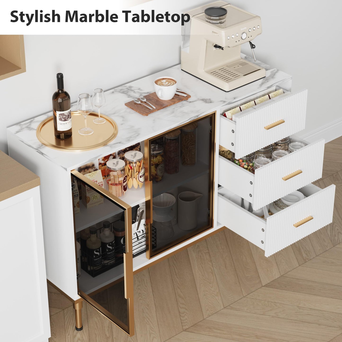 GAOMON Buffet Sideboard Cabinet with Storage, 46.4" Large Fluted Kitchen Sideboard Cabinet with 2 Glass Doors 3 Drawers and Shelves, Faux Marble Top Buffet Table for Dining Room, Living Room, White